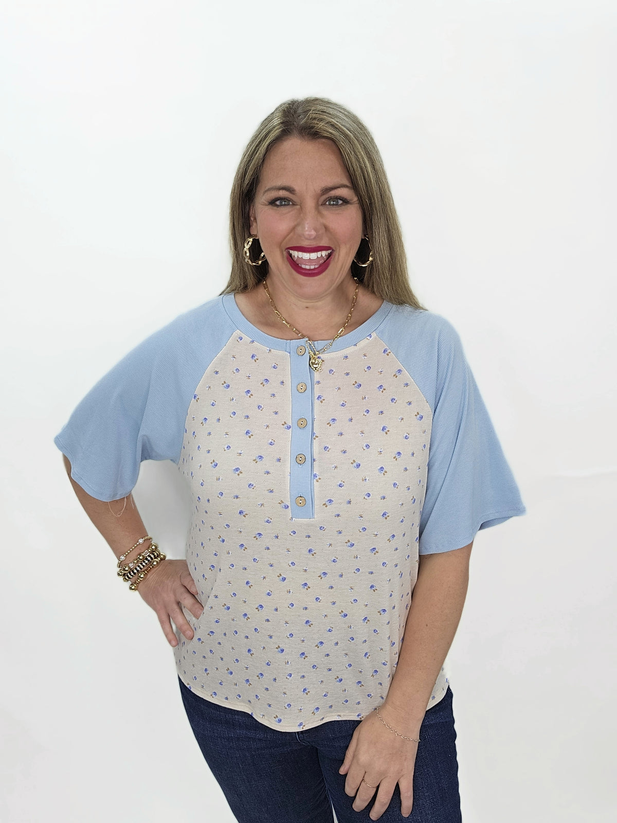 TAUPE/BLUE FLORAL BASEBALL KNIT HENLEY TOP - FINAL SALE