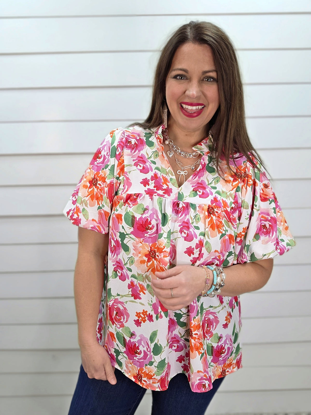 IVORY/FUCHSIA/ORANGE FLORAL V NECK FLOWY WOVEN TOP