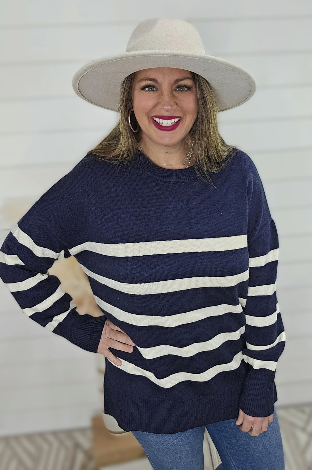 NAVY STRIPED OVERSIZED SIDE SPLIT CREW NECK SWEATER