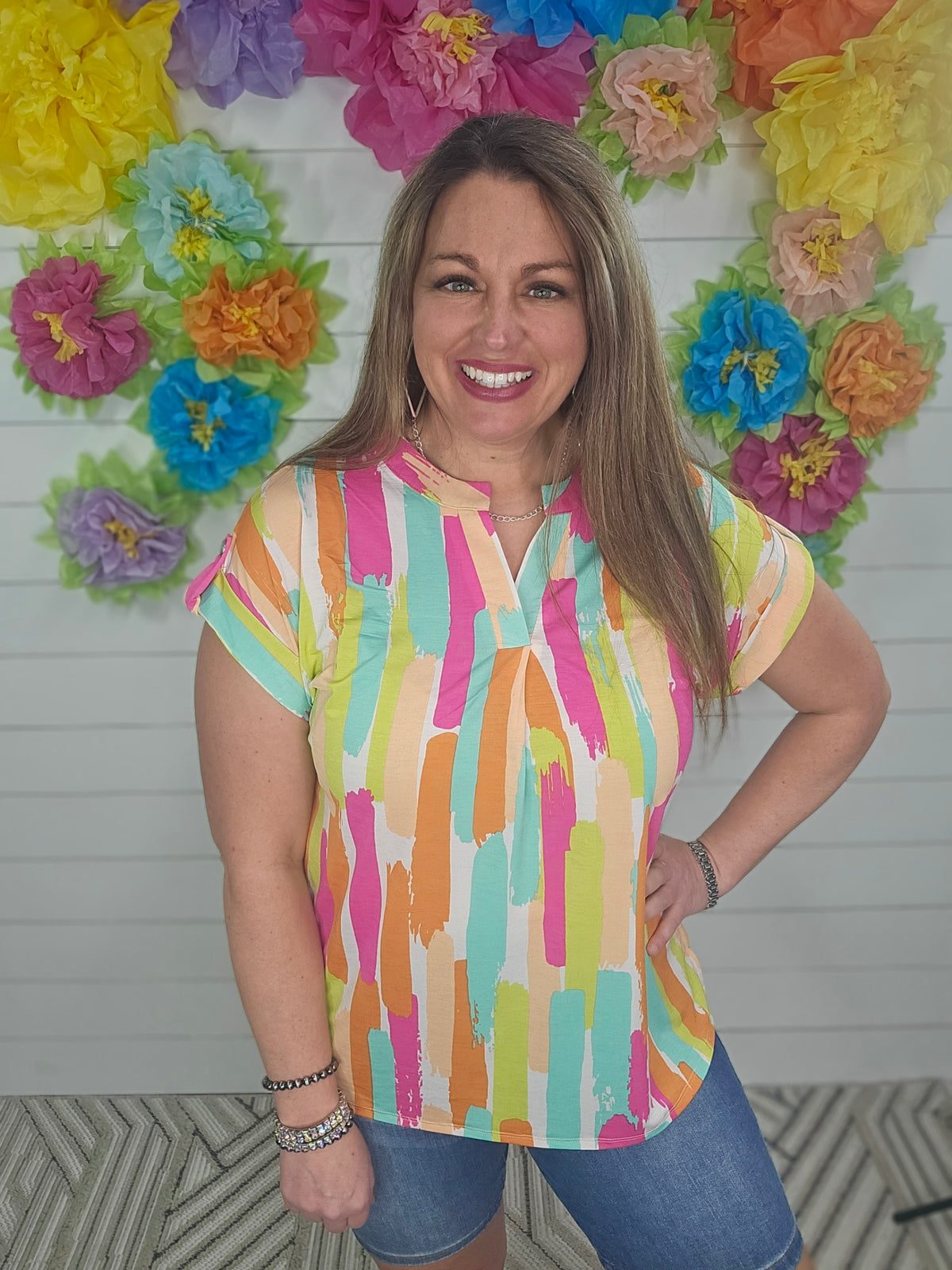 BRIGHT MULTI COLOR SHORT SLEEVE LIZZY TOP