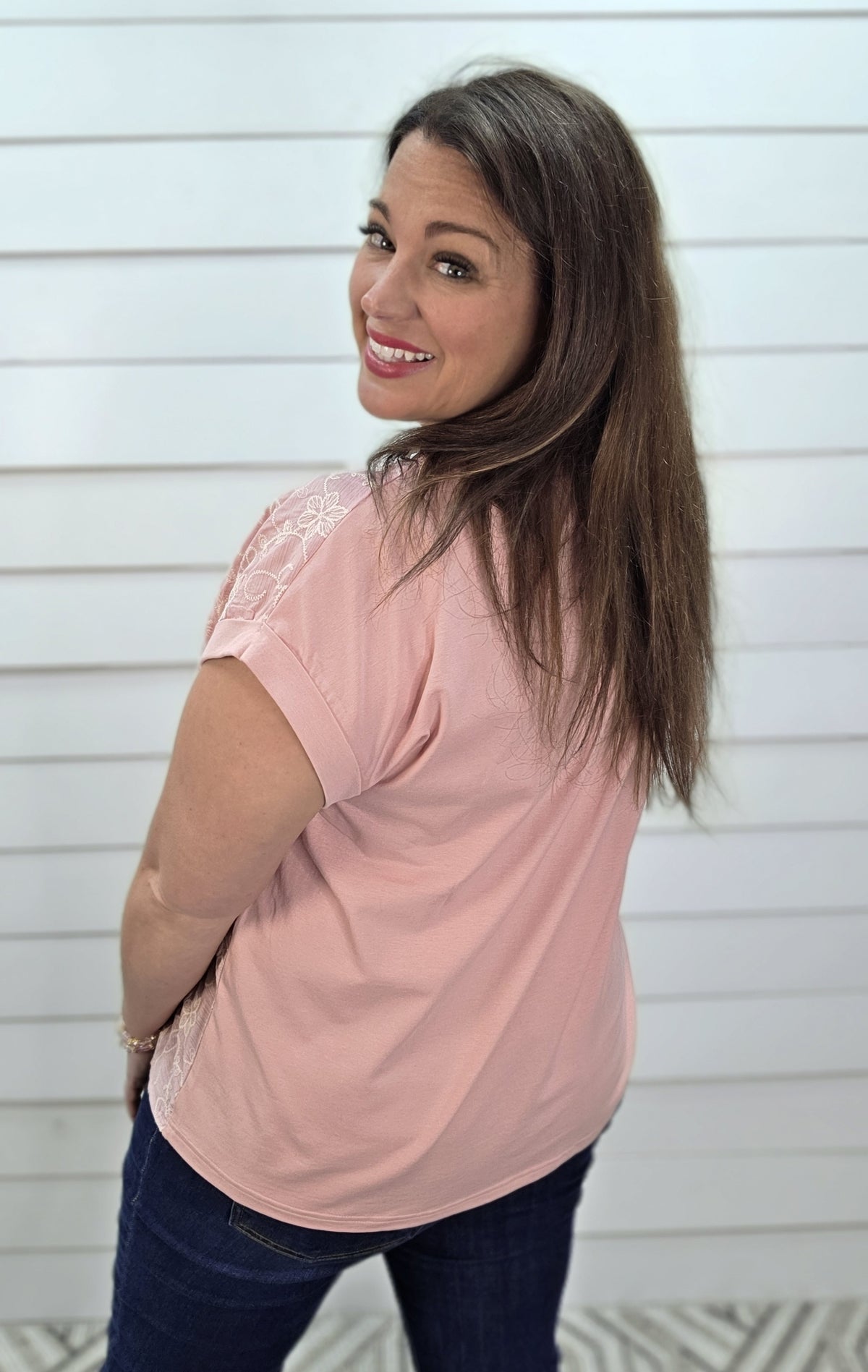 BLUSH FLORAL EMBROIDERED KNIT TOP W/ CAP SLEEVE