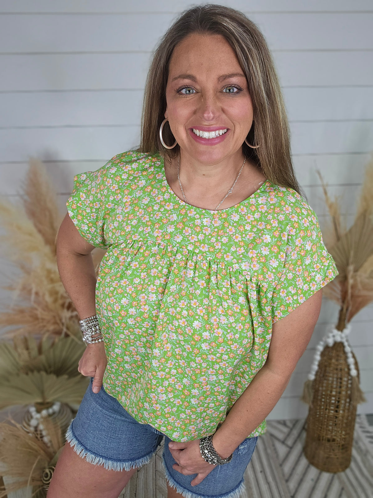 GREEN FLORAL HIGH BABYDOLL WOVEN TOP