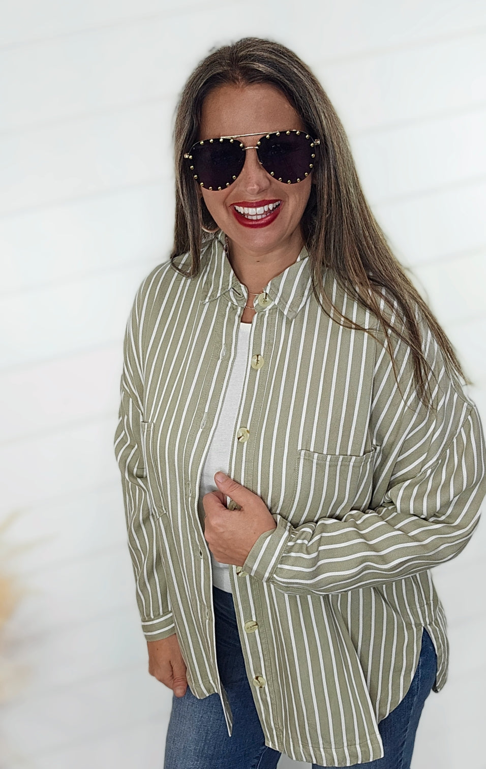 OLIVE STRIPED DENIM BUTTON DOWN TOP