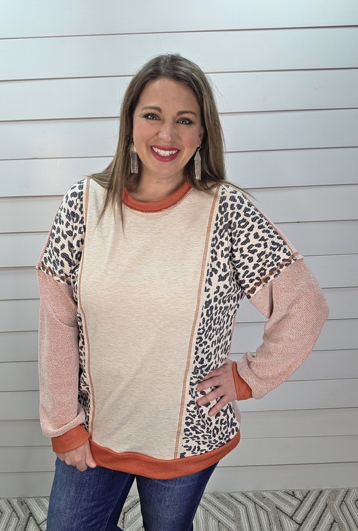 MARSALA LEAOPRD CONTRAST TOP W/ SIDE POCKETS