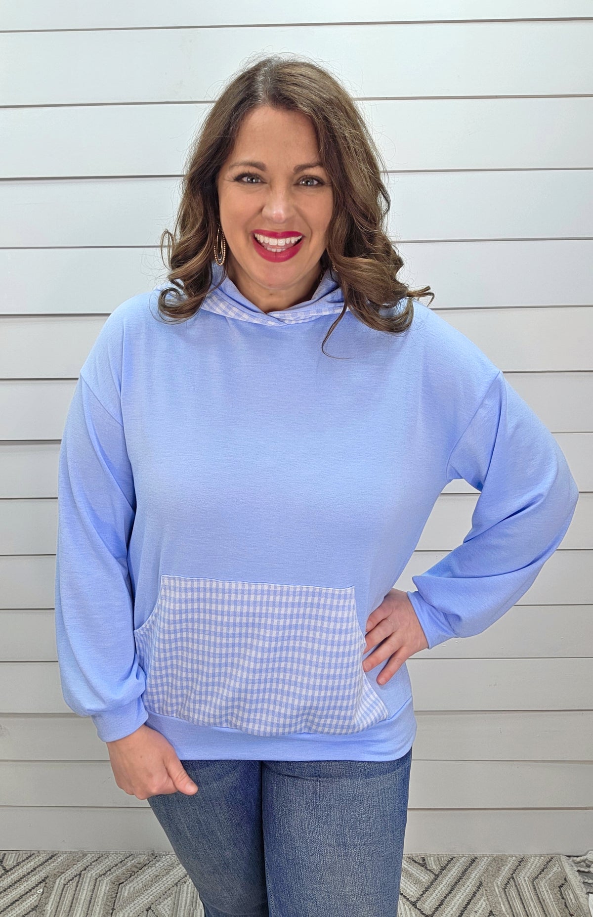 BLUE GINGHAM TRIM LIGHT WEIGHT PULLOVER HOODIE