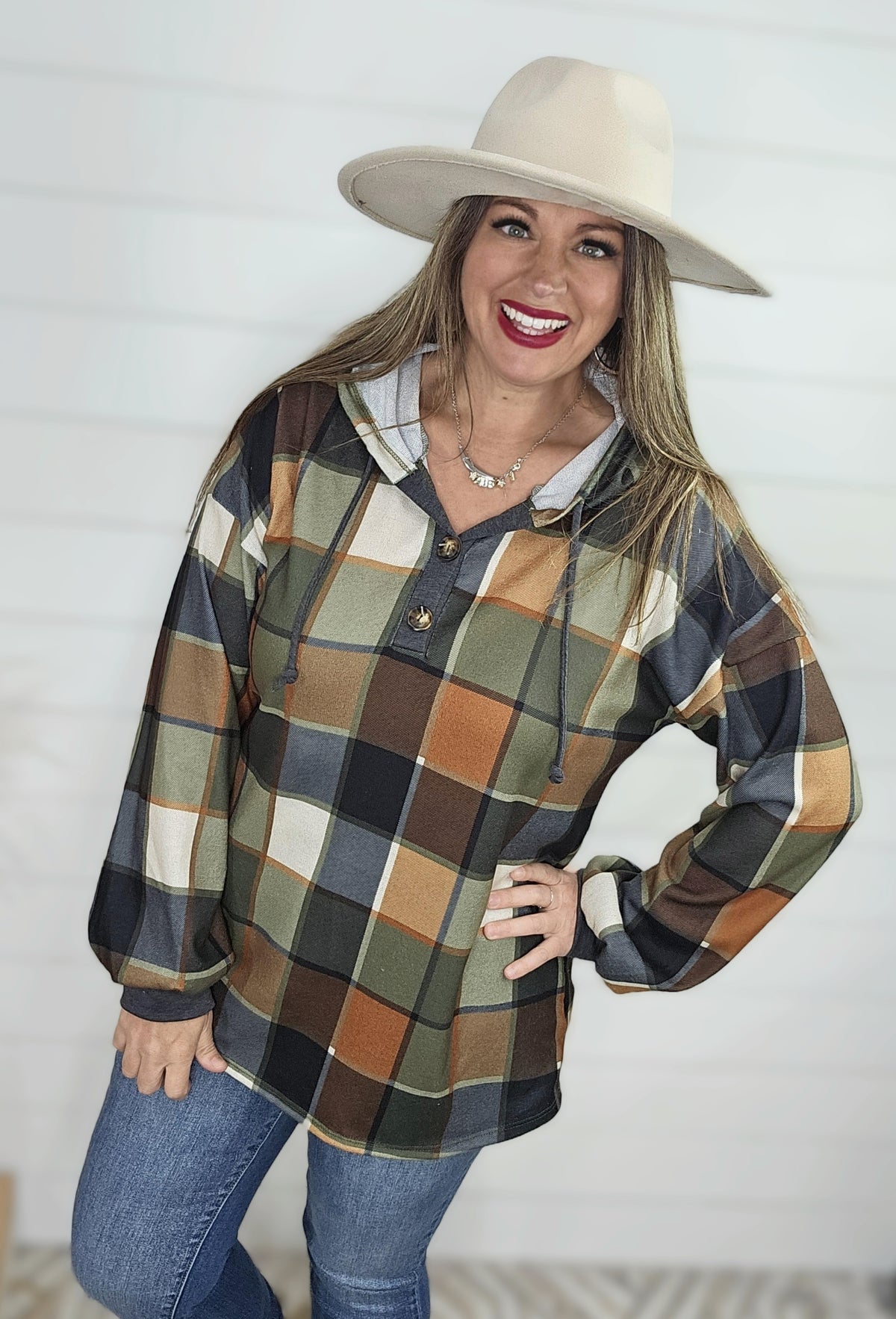 OLIVE/RUST PLAID HOODED TOP W/ BUTTON DETAIL