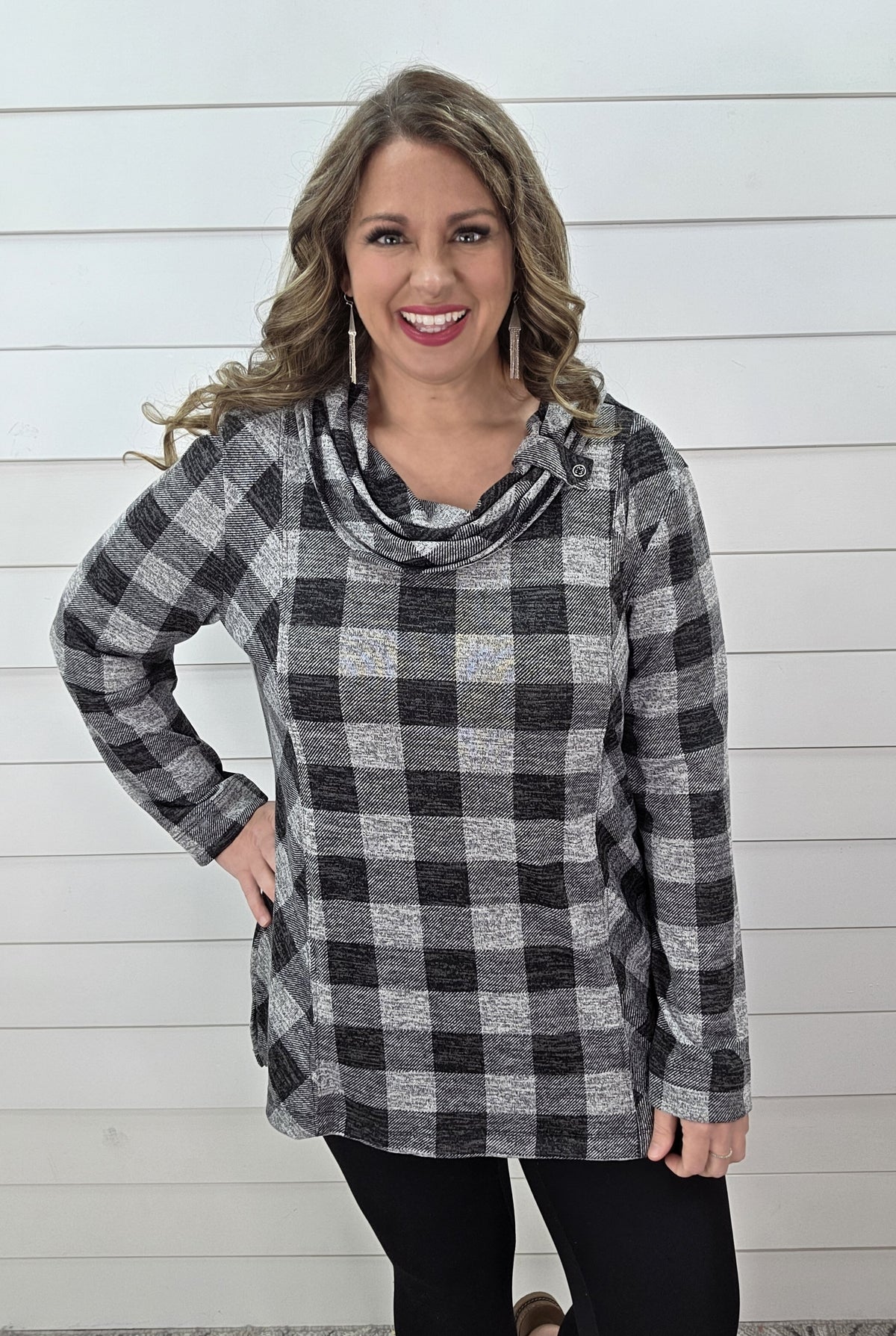 BLACK CHECK COWL NECK KNIT TUNIC