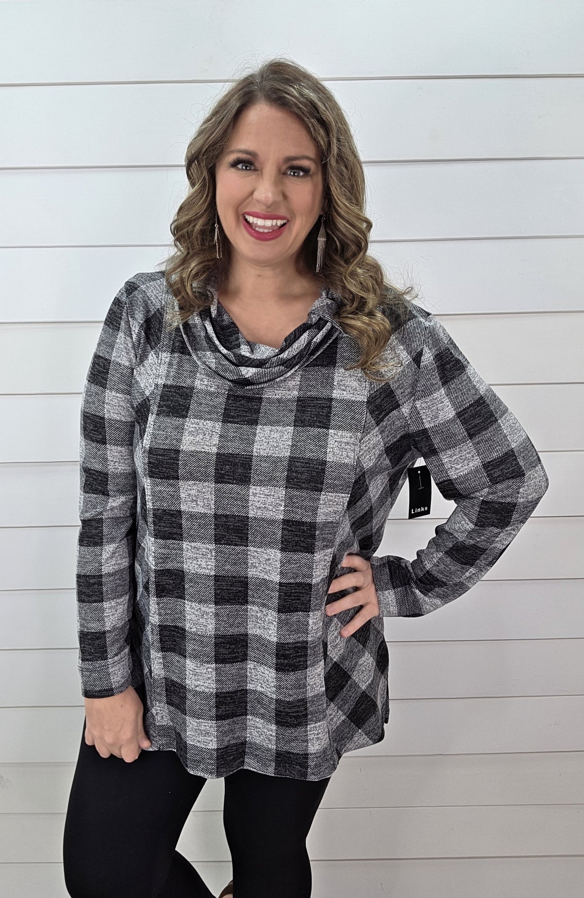 BLACK CHECK COWL NECK KNIT TUNIC