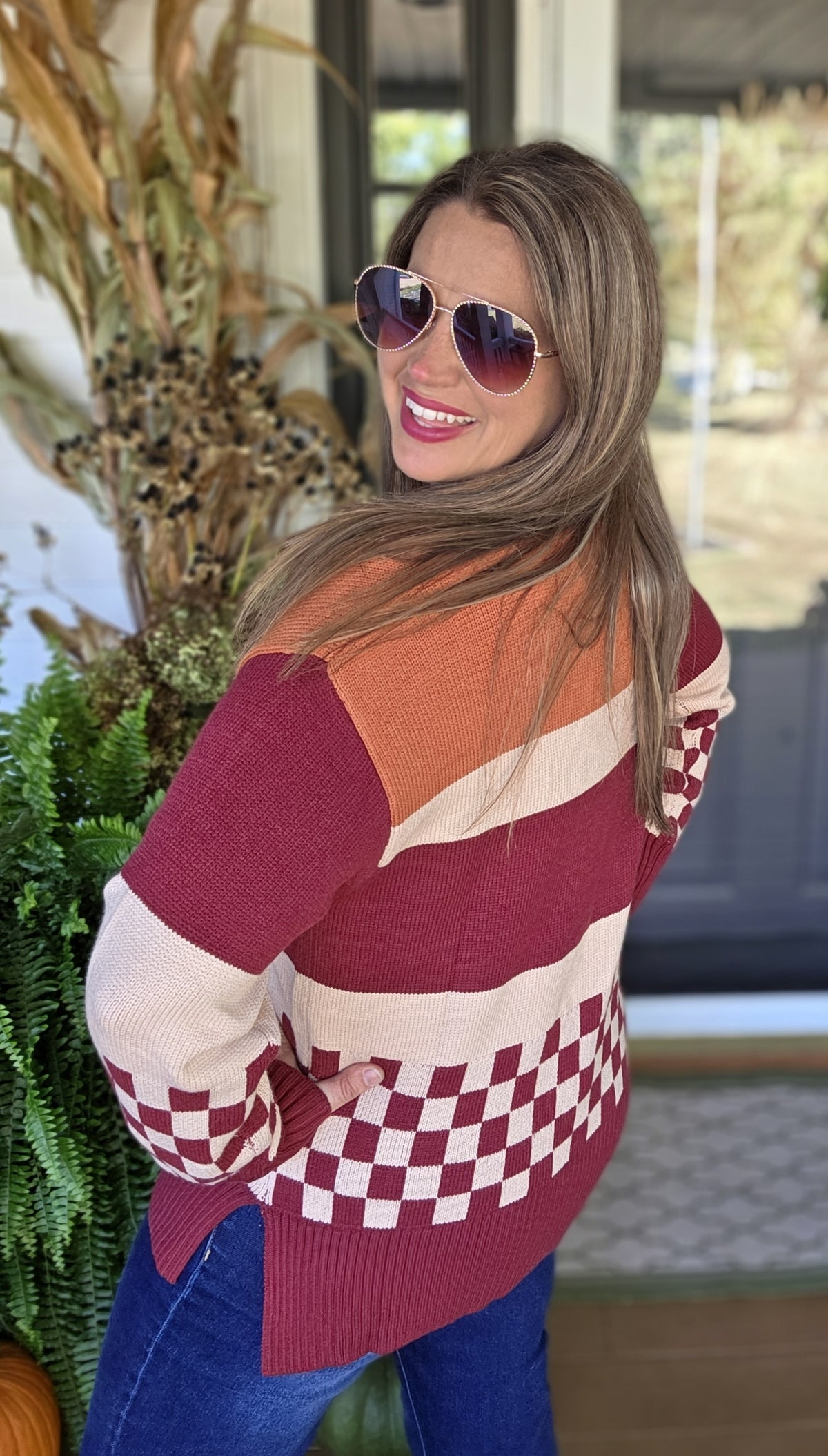 RUST CHECKERED COLORBLOCK KNIT SOFT SWEATER