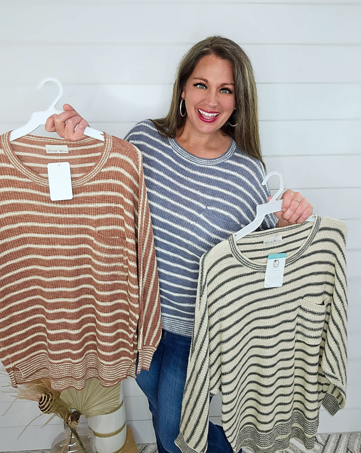 TERRACOTTA STRIPED POCKET LIGHT WEIGHT SWEATER