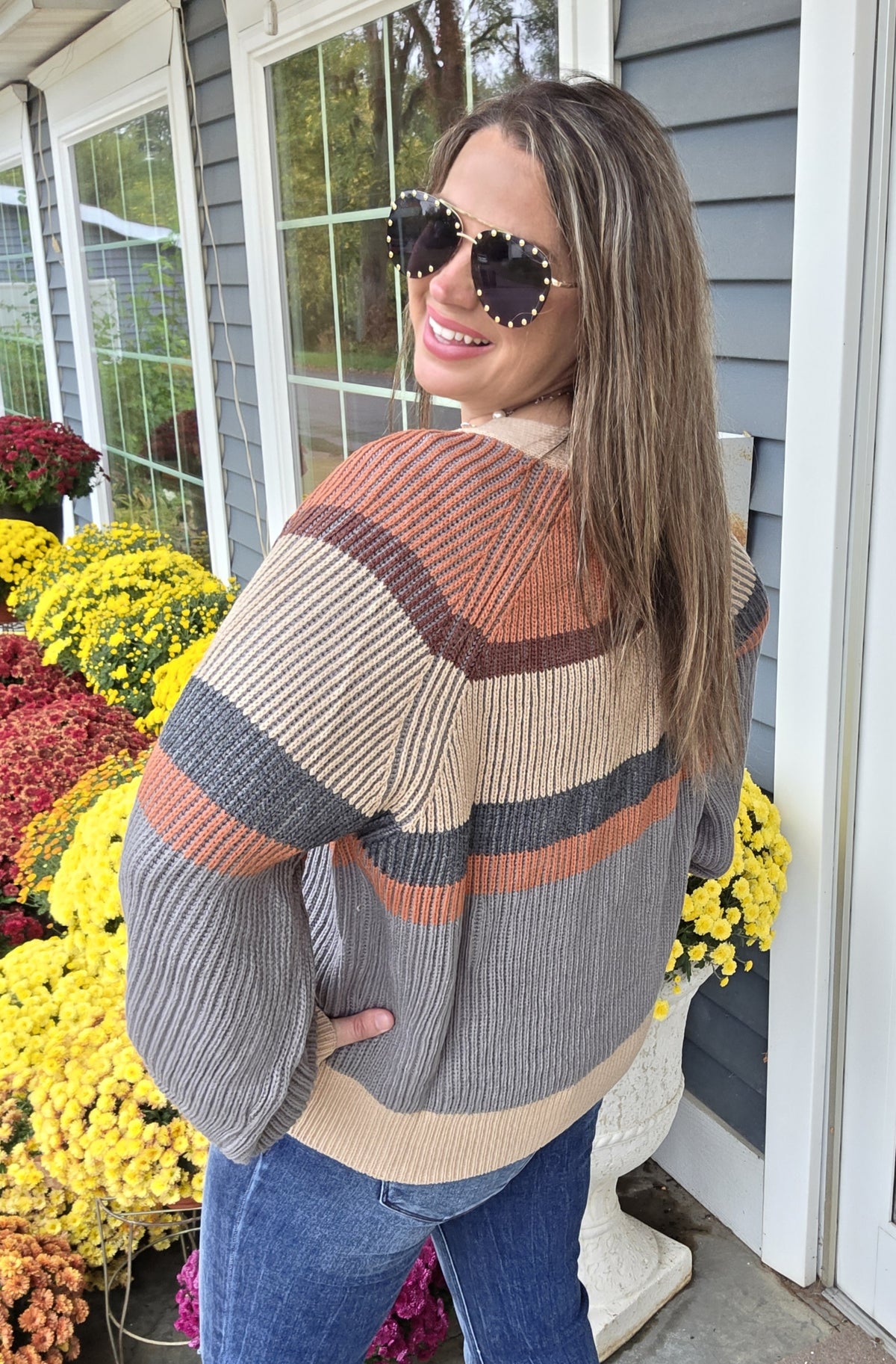 TAUPE/RUST/CHARCOAL V NECK BUTTON CARDIGAN/SWEATER