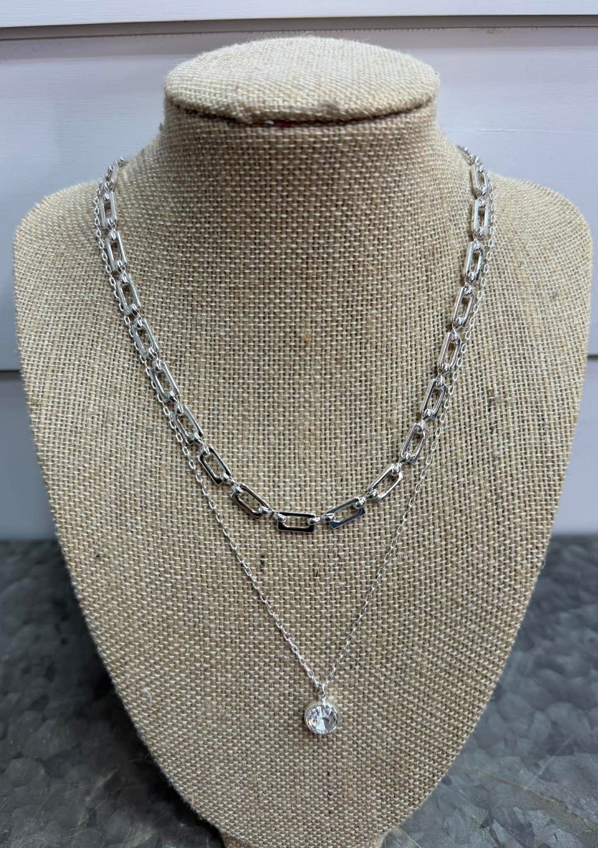 WATER RESISTANT DOUBLE LAYER SILVER CHAIN W/ RHINESTONE NECKLACE