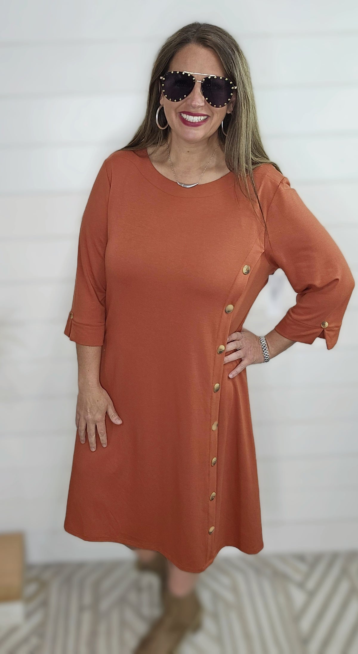 RUST BUTTON FRONT KNIT DRESS