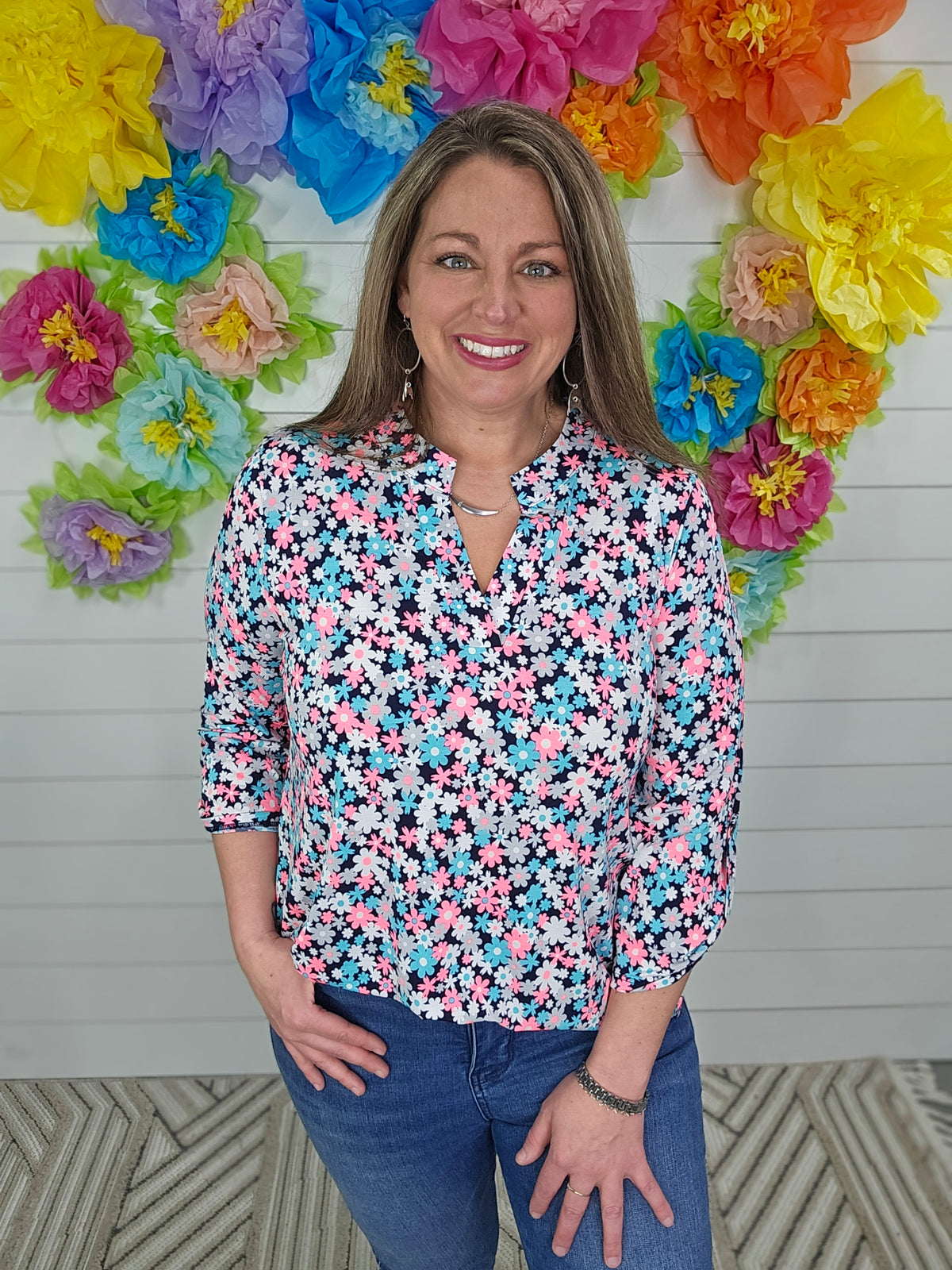 BLACK/NEON PINK/MINT FLORAL 3/4 SLEEVE LIZZY TOP