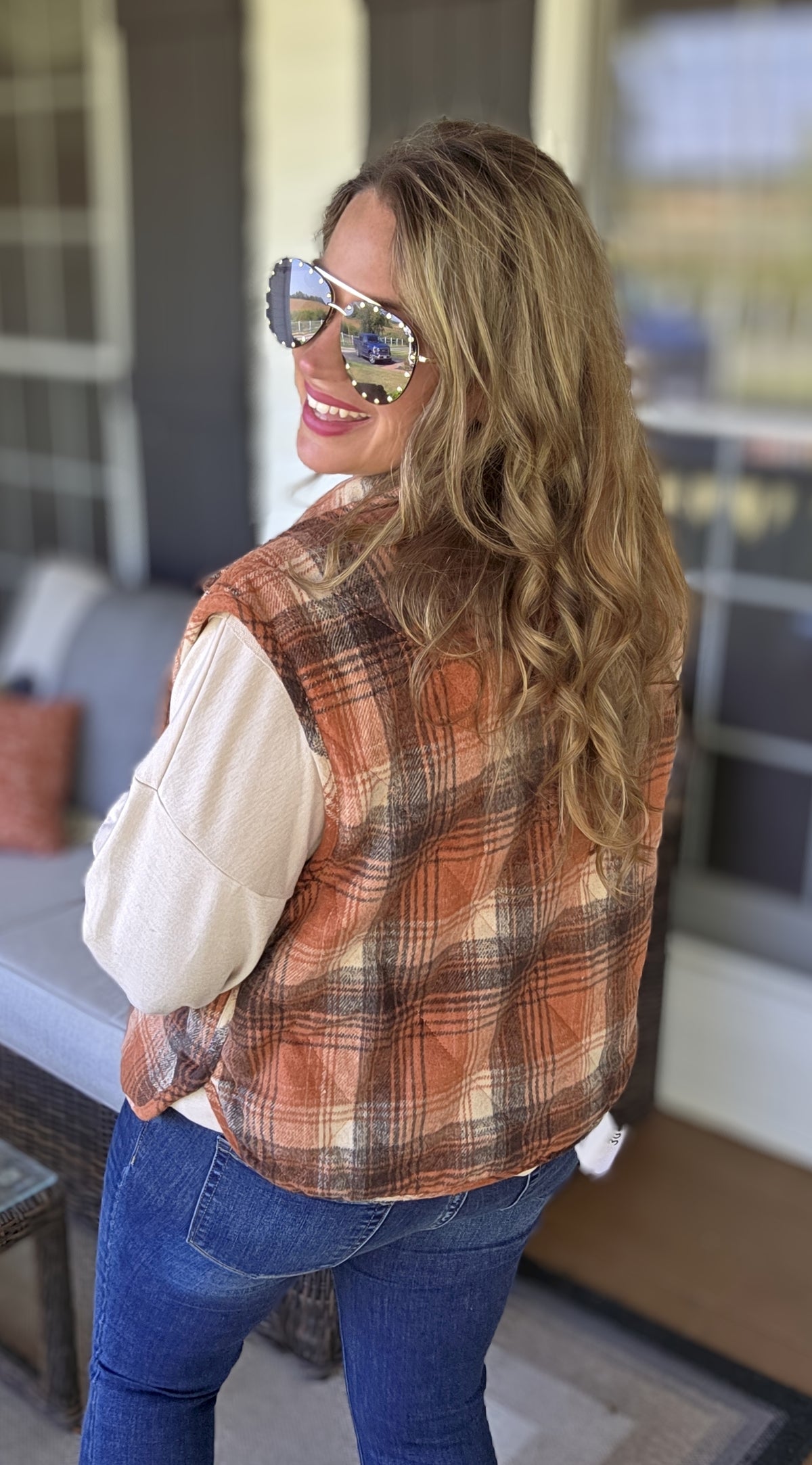 RUST PLAID SNAP BUTTON VEST