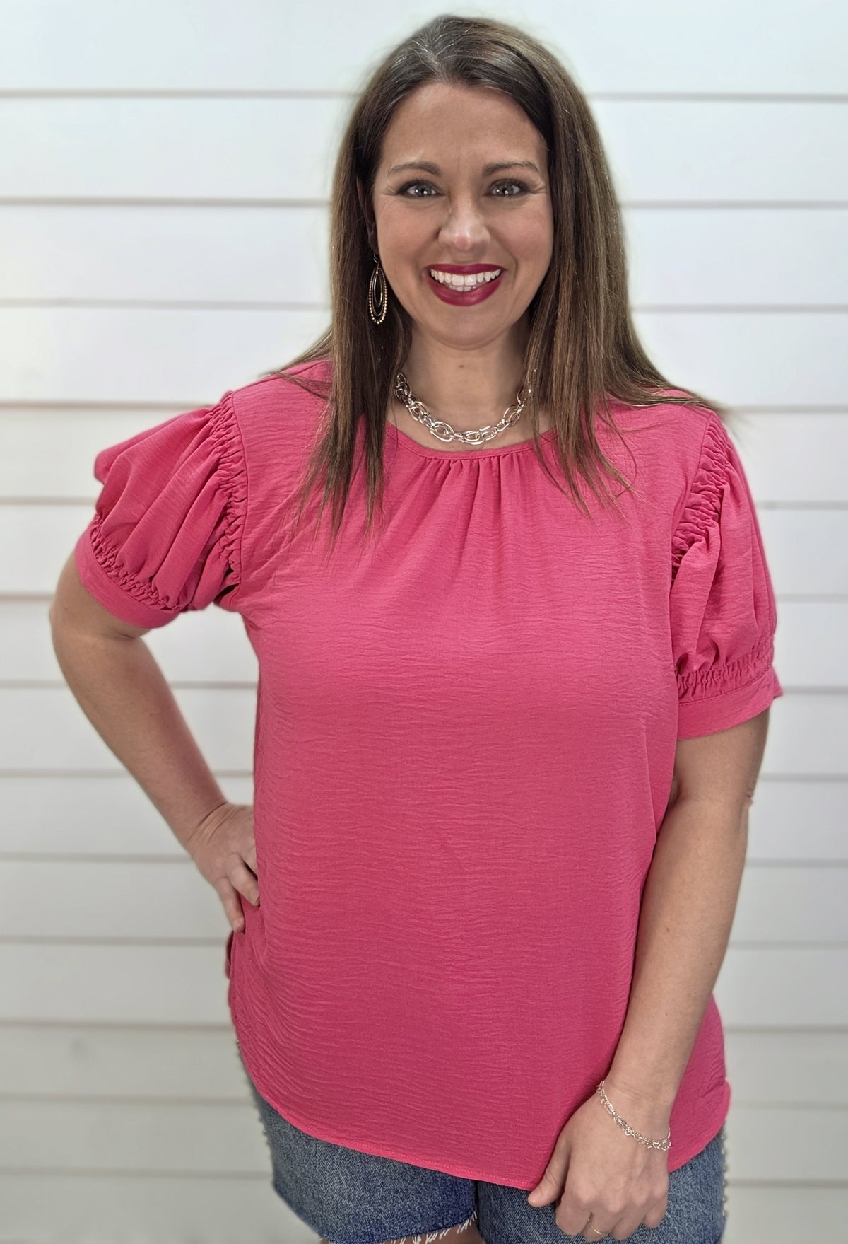 FUCHSIA AIR FLOW SMOCKED SHORT SLEEVE TOP
