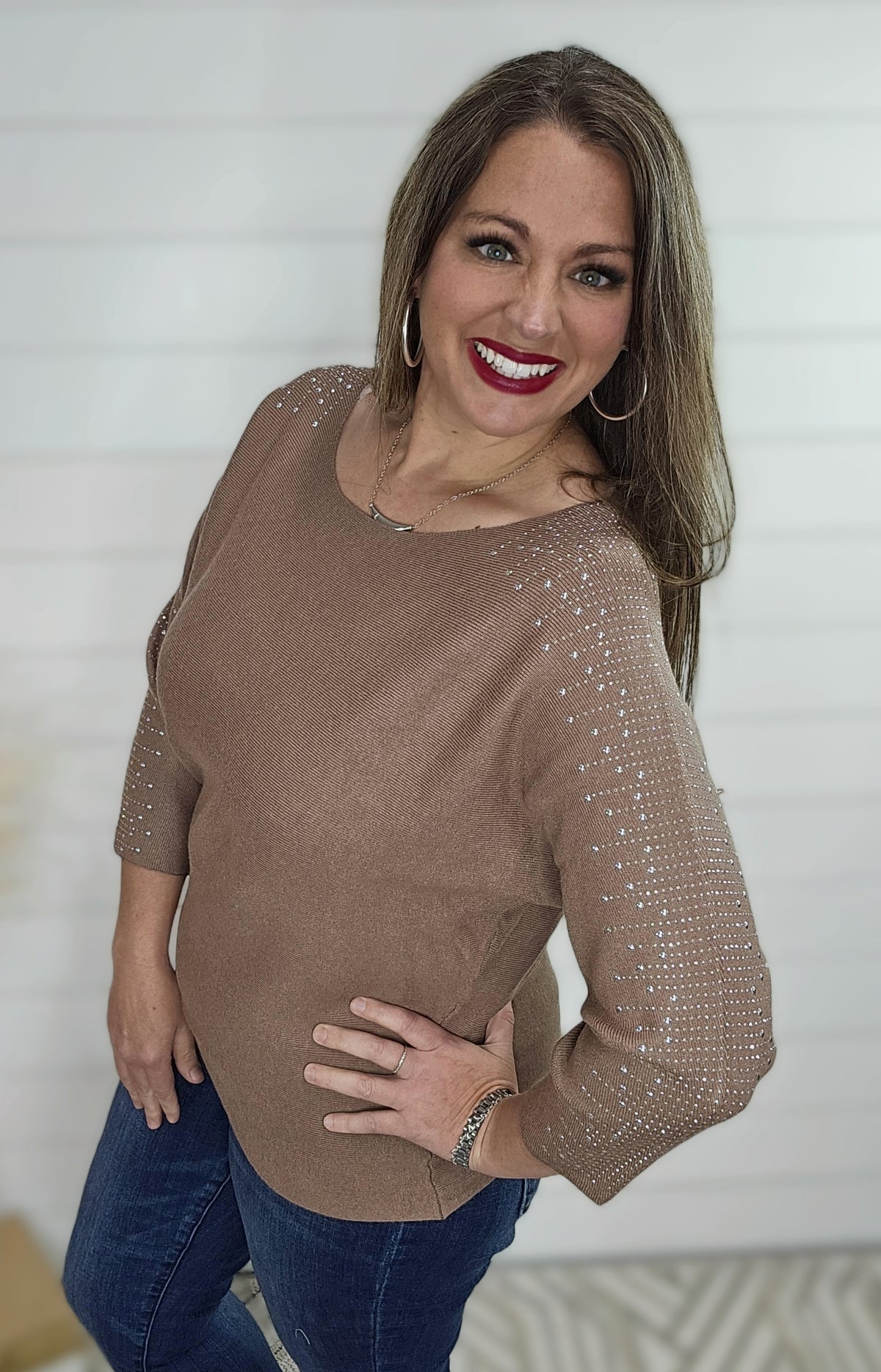 MOCHA RHINESTONE BOATNECK SWEATER