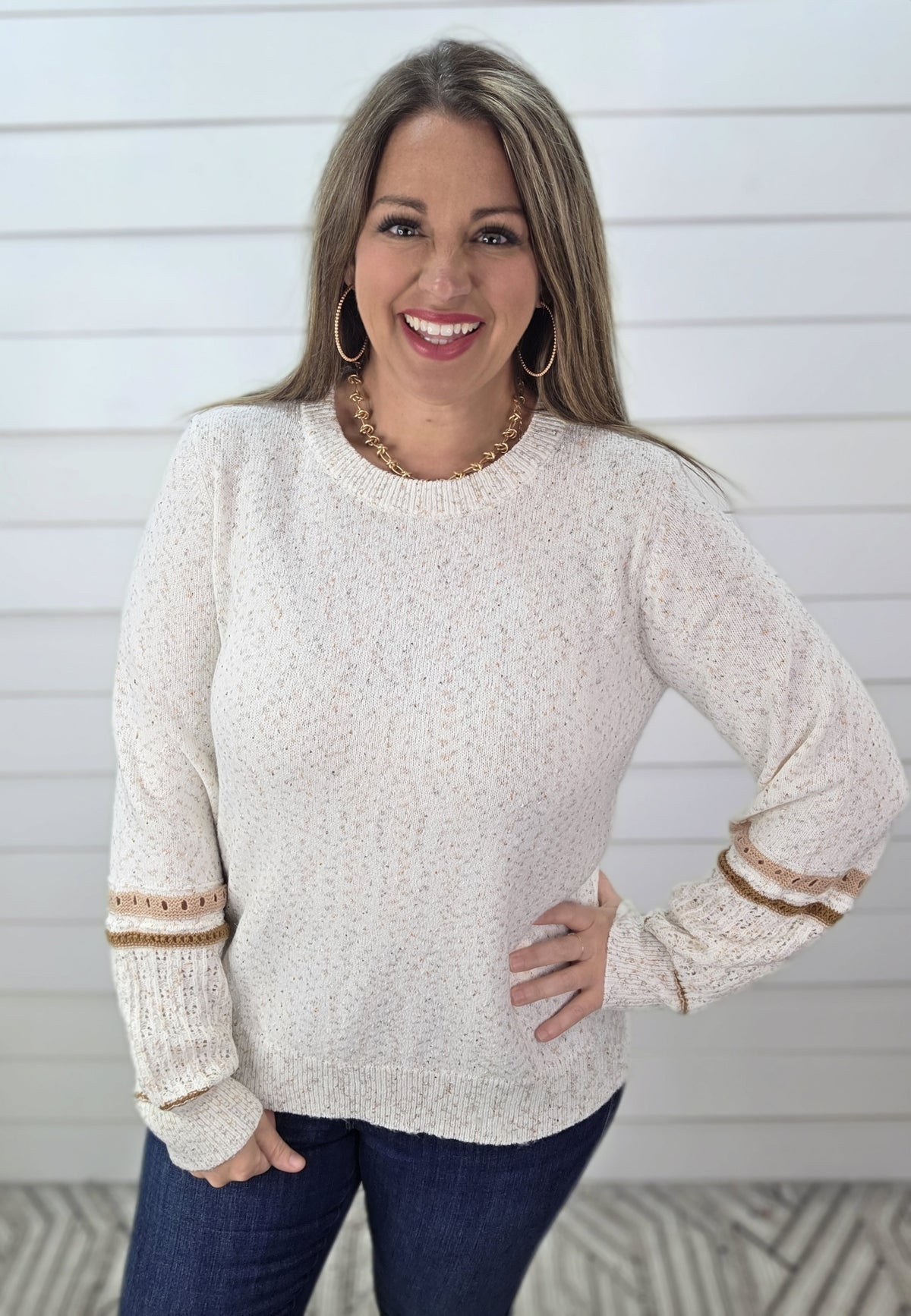 OATMEAL SPRINKLE YARN CONTRAST SLEEVE KNIT SWEATER