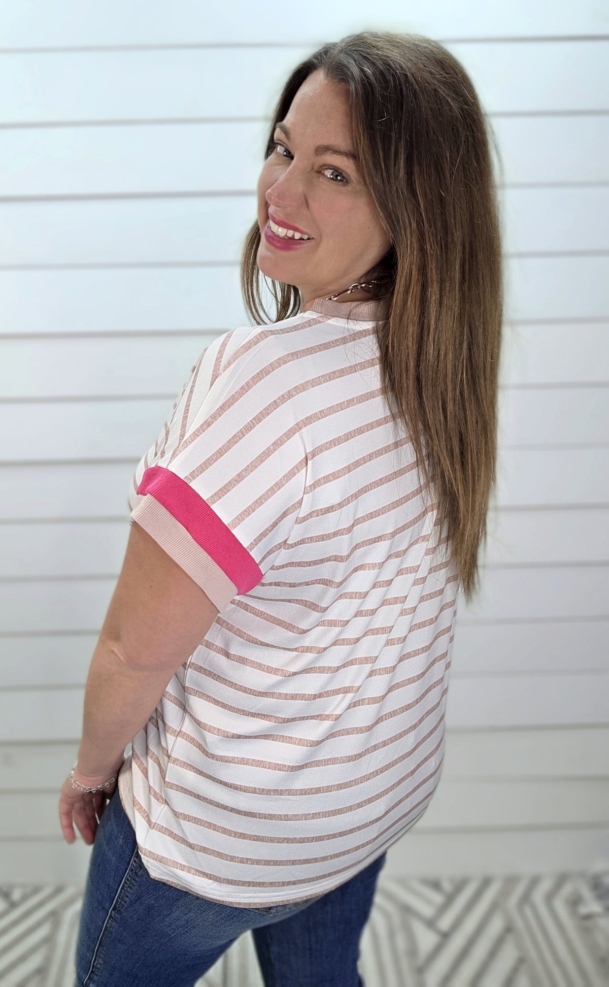 KHAKI STRIPED KNIT TOP W/ COLOR BLOCK PINK SLEEVE