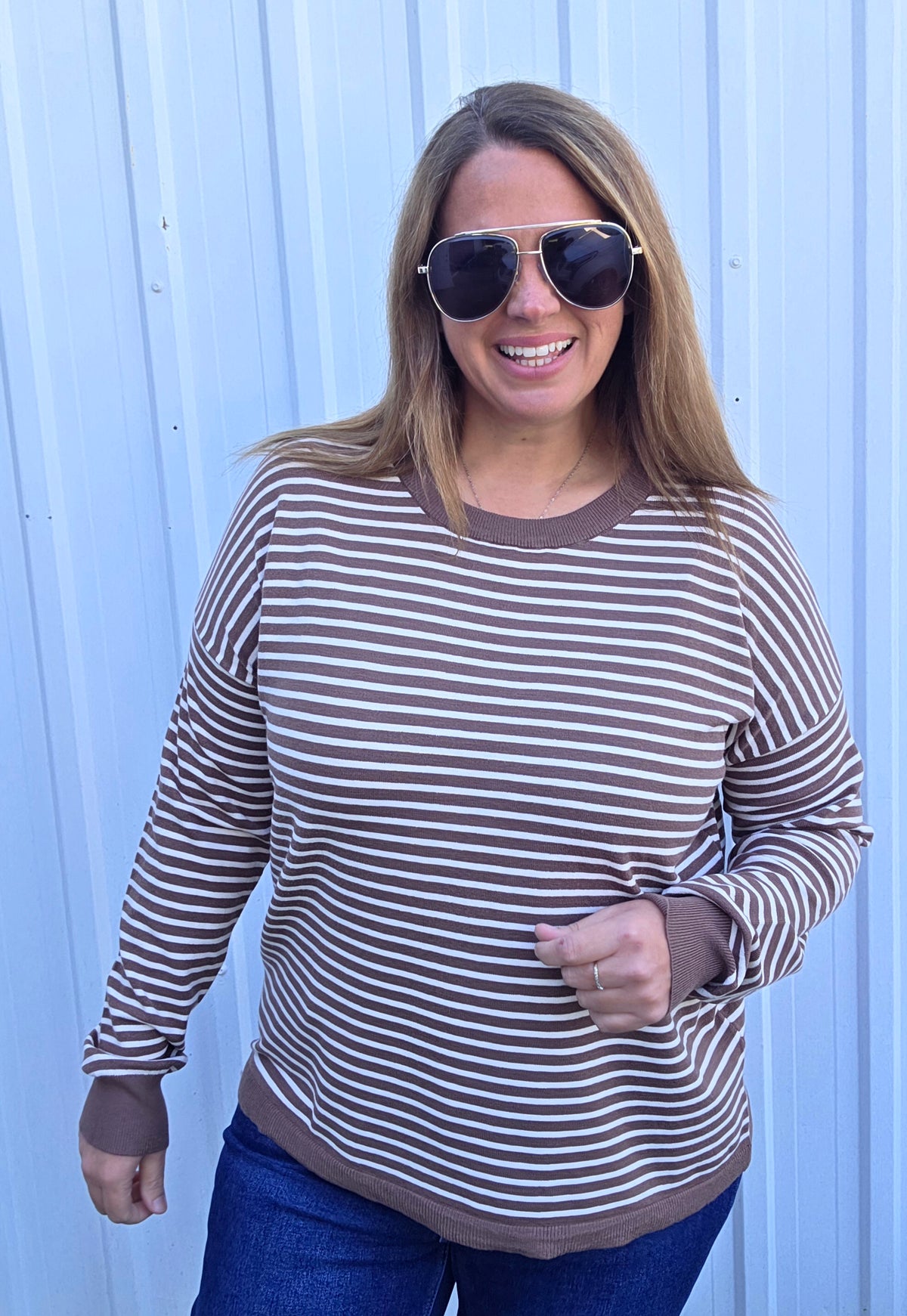 Chocolate Crew Neck, Long Sleeve, Light Weight Loose Fit, Striped Pullover Sweater