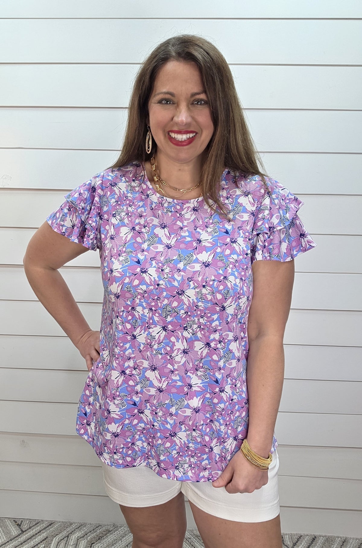 BLUE/LAVENDER FLORAL KNIT TOP W/ RUFFLE SLEEVE