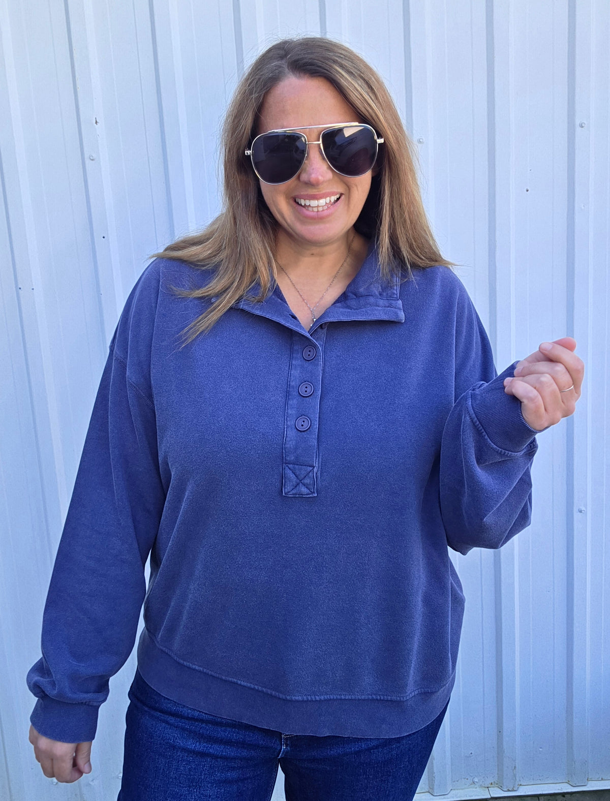 Navy Ultra Soft Mineral Wash Half Button Pullover