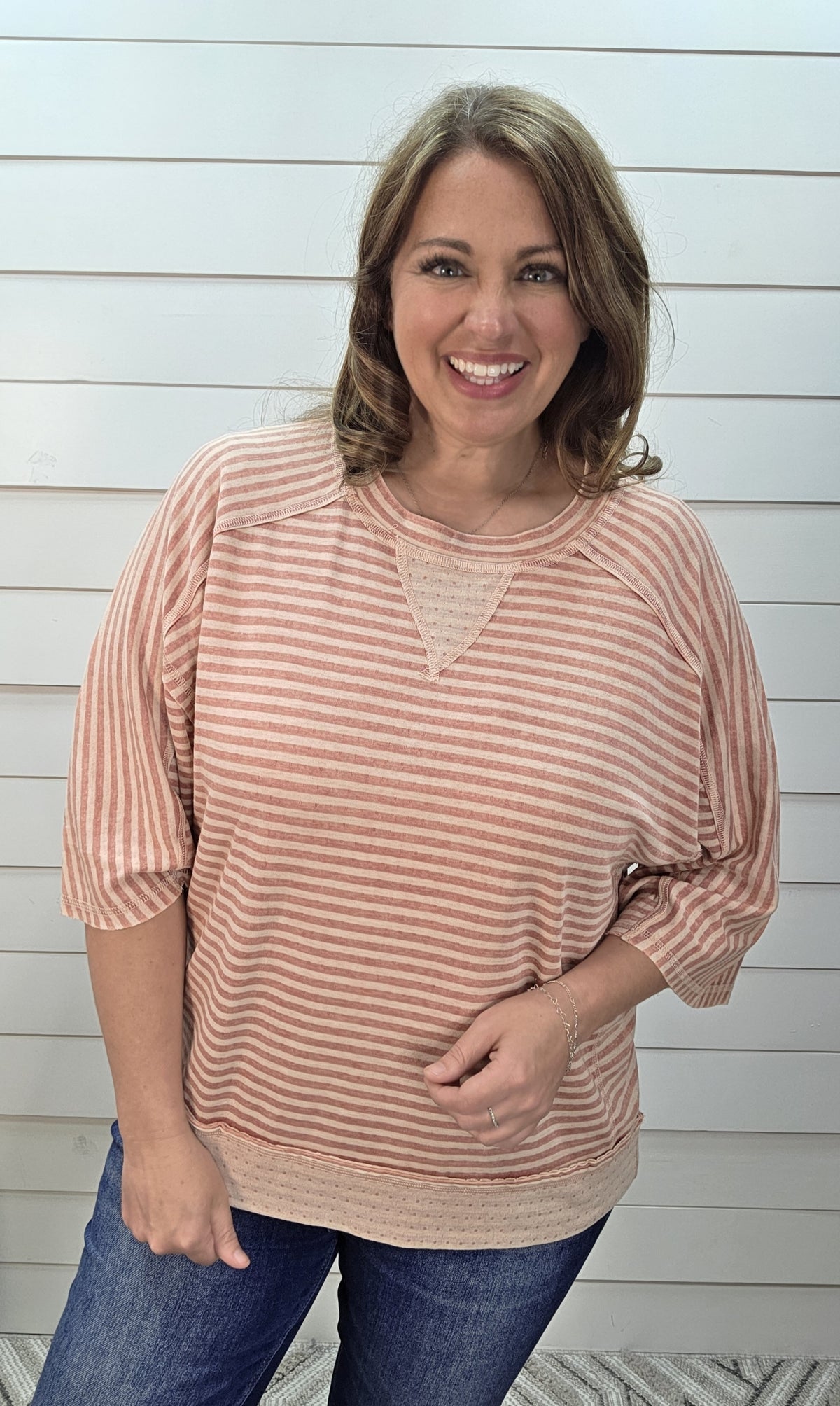 STRAWBERRY STRIPED HALF SLEEVE KNIT OVERSIZED TOP