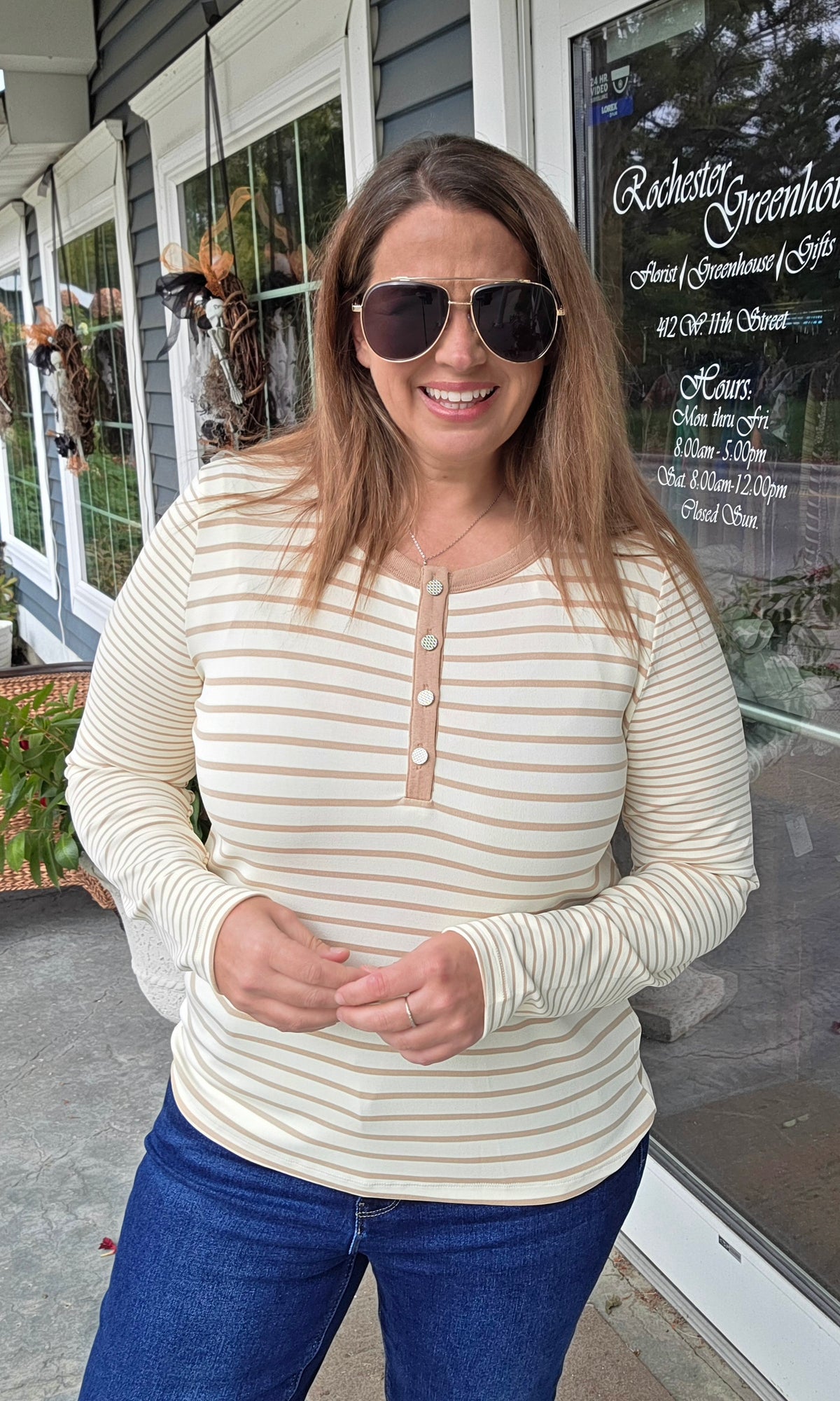 Ivory/Beige Color Contrasted Button Henley, Long Sleeve, Stripe Knit Top