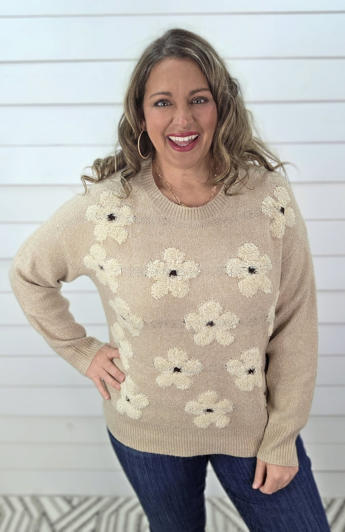 TAUPE FLOWER JACQUARD CREW NECK PULLOVER SWEATER