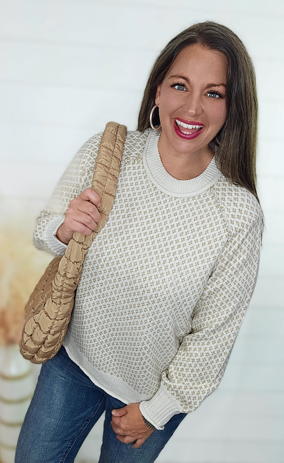 BEIGE PRINTED CREW NECK SWEATER