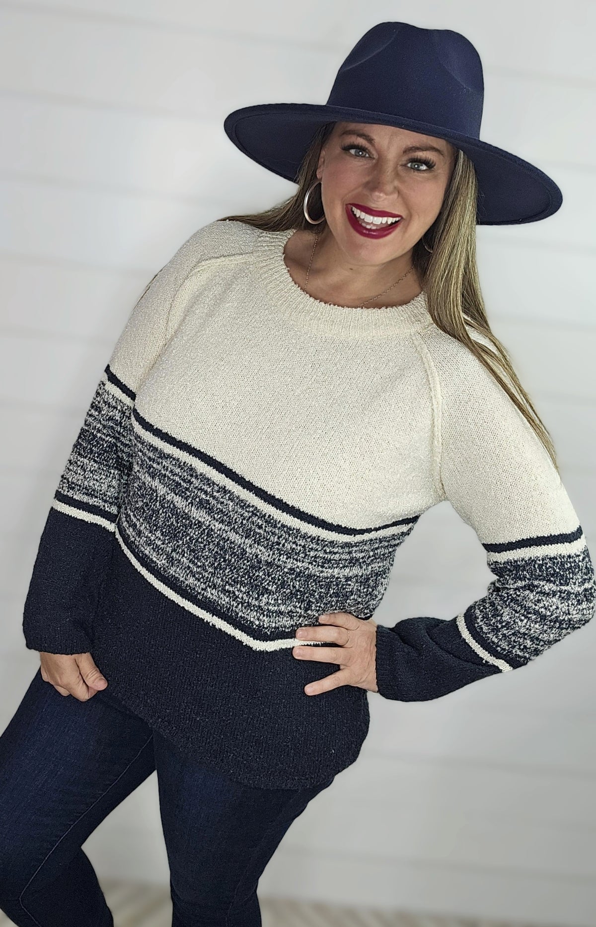 NAVY/CREAM ULTRA COZY STRIPED COLORBOCK SWEATER