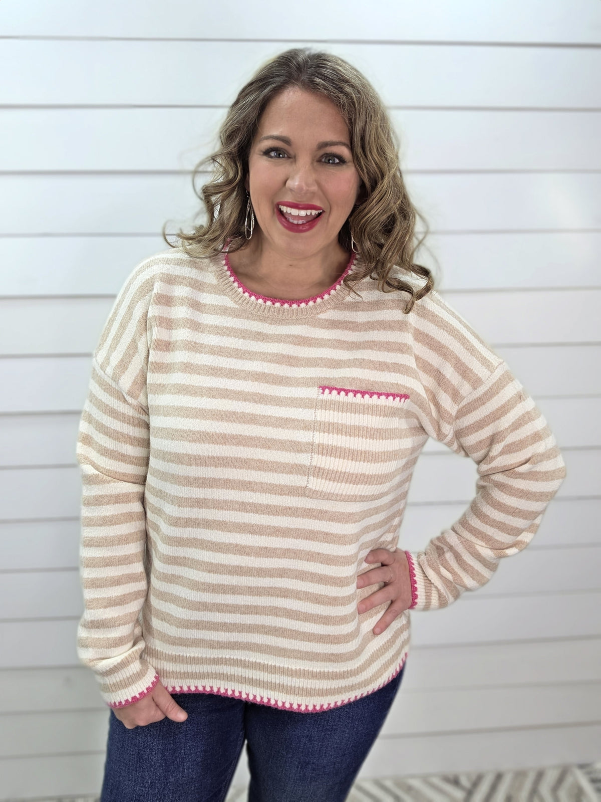 TAUPE/CREAM STRIPED SWEATER W/ HOT PINK TRIM