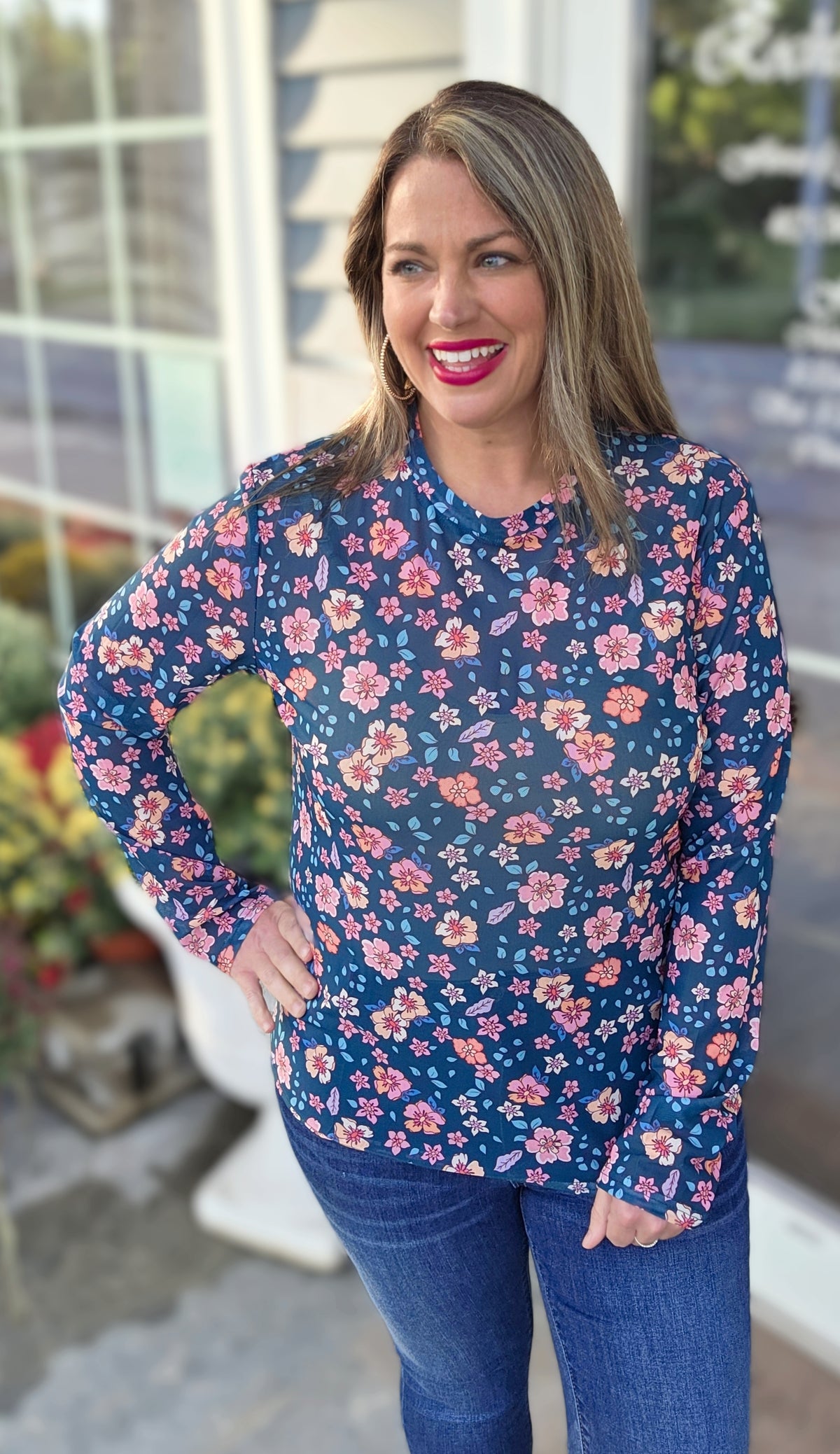 SHIRLEY AND STONE DARK GREEN FLORAL MESH TOP