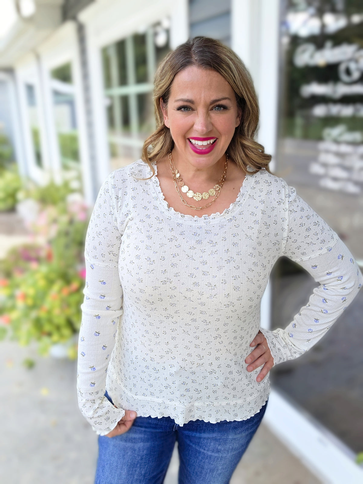 CREAM KNIT PETITE FLORAL RUFFLE TRIM TOP