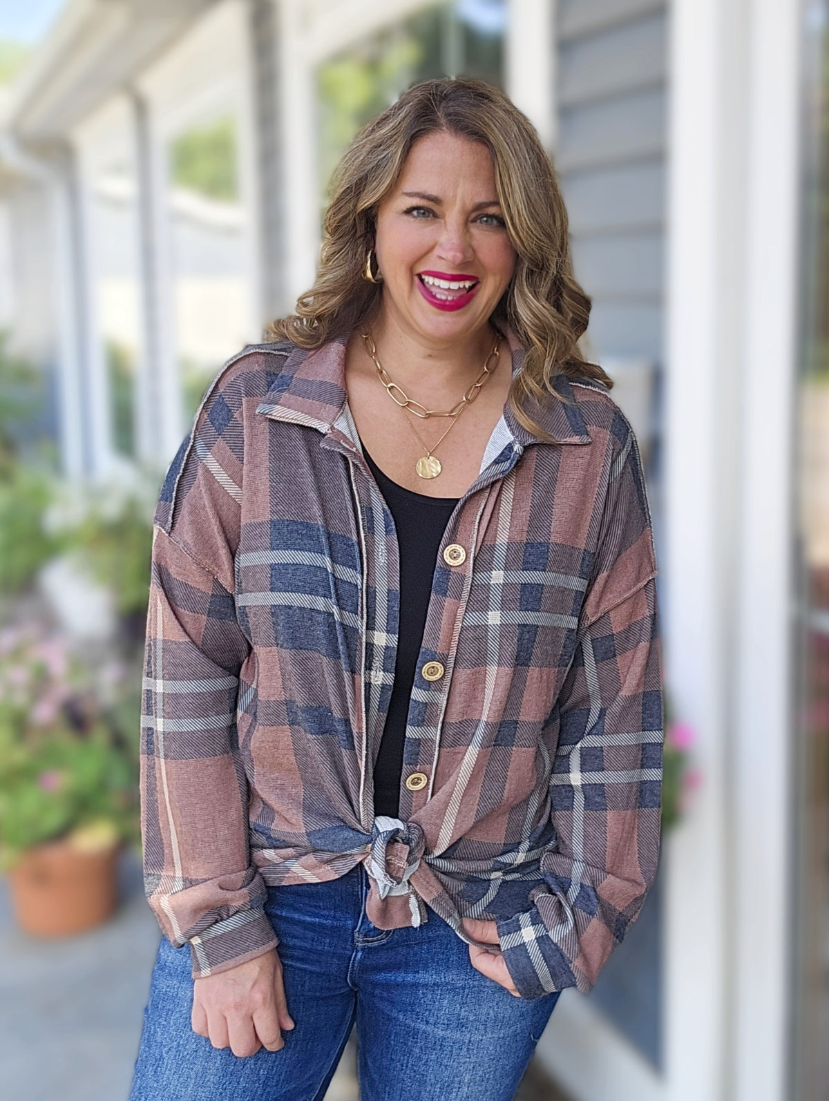 BROWN/BLACK PLAID SOFT BUTTON DOWN KNIT TOP