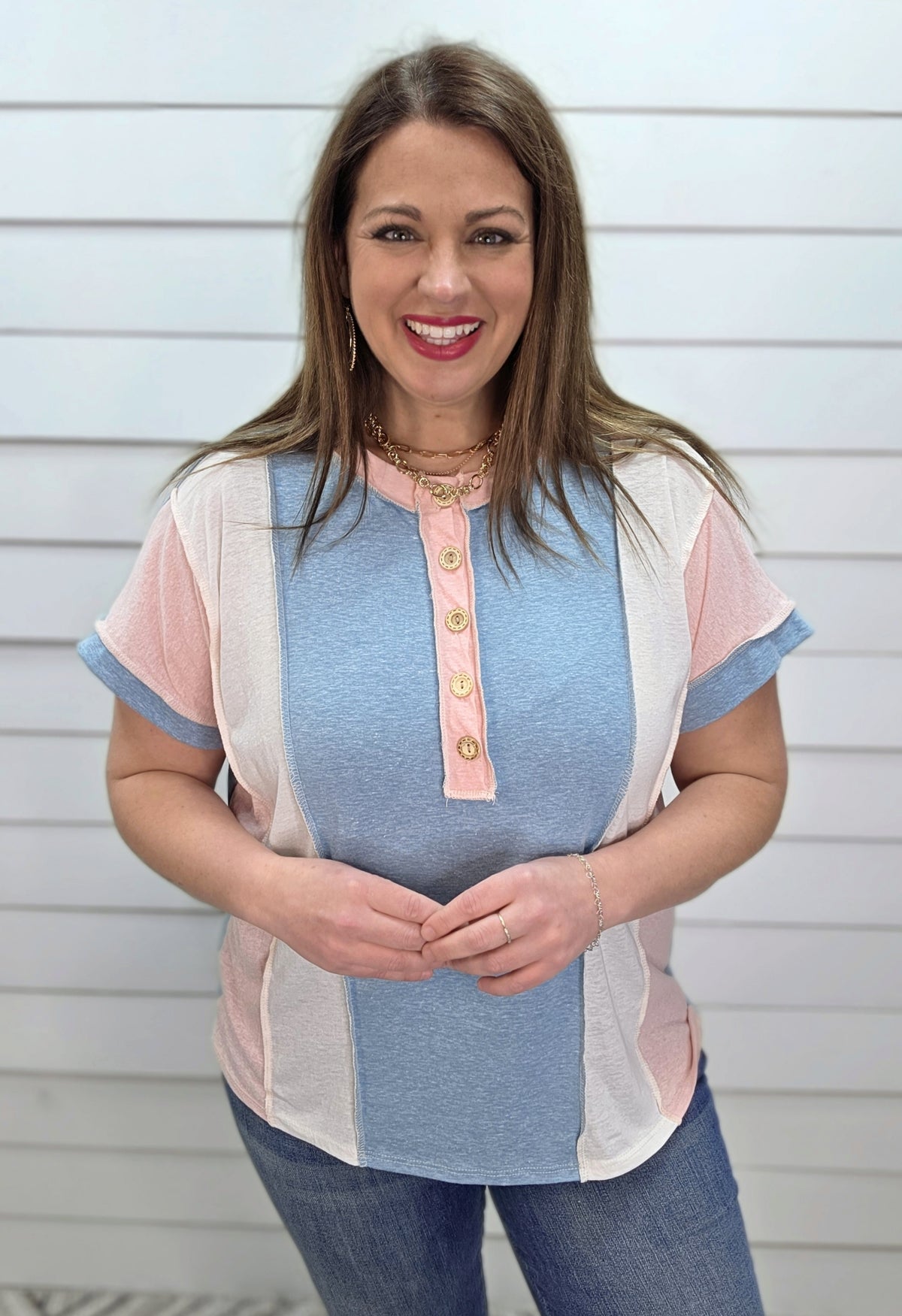 JADE/PINK/WHITE COLORBLOCK HENLEY BUTTON KNIT TOP