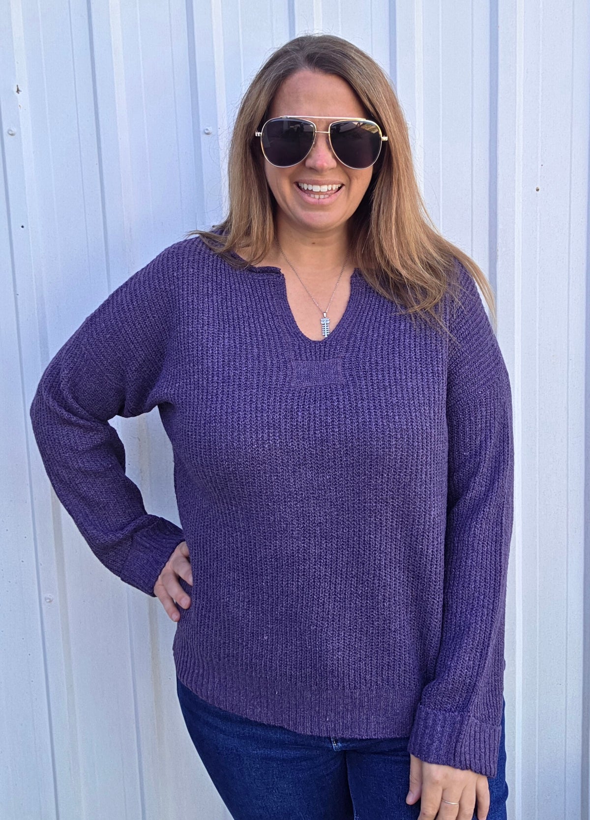 Eggplant Slit Neck With Patch Detail, Long Sleeve, Ribbed, Solid Sweater