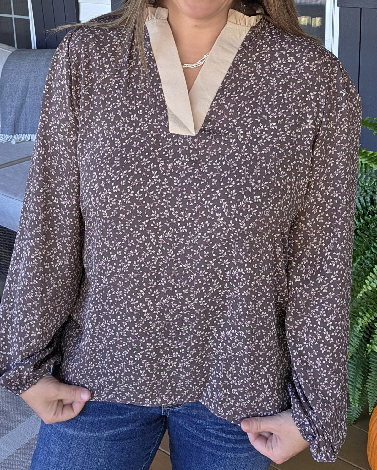 CHARCOAL FLORAL PRINT WOVEN TOP