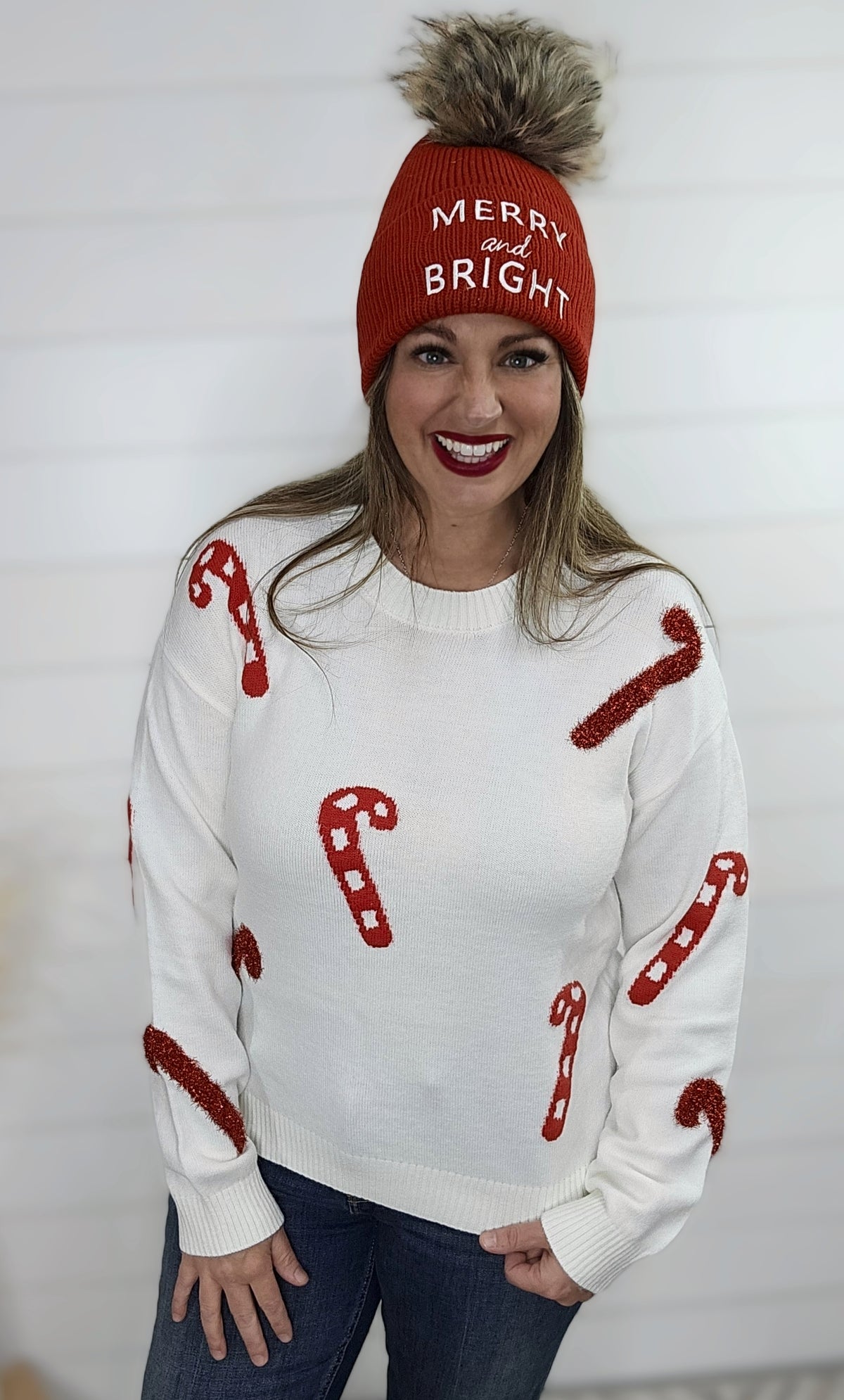 IVORY CANDY CANE CREW NECK PULLOVER SWEATER