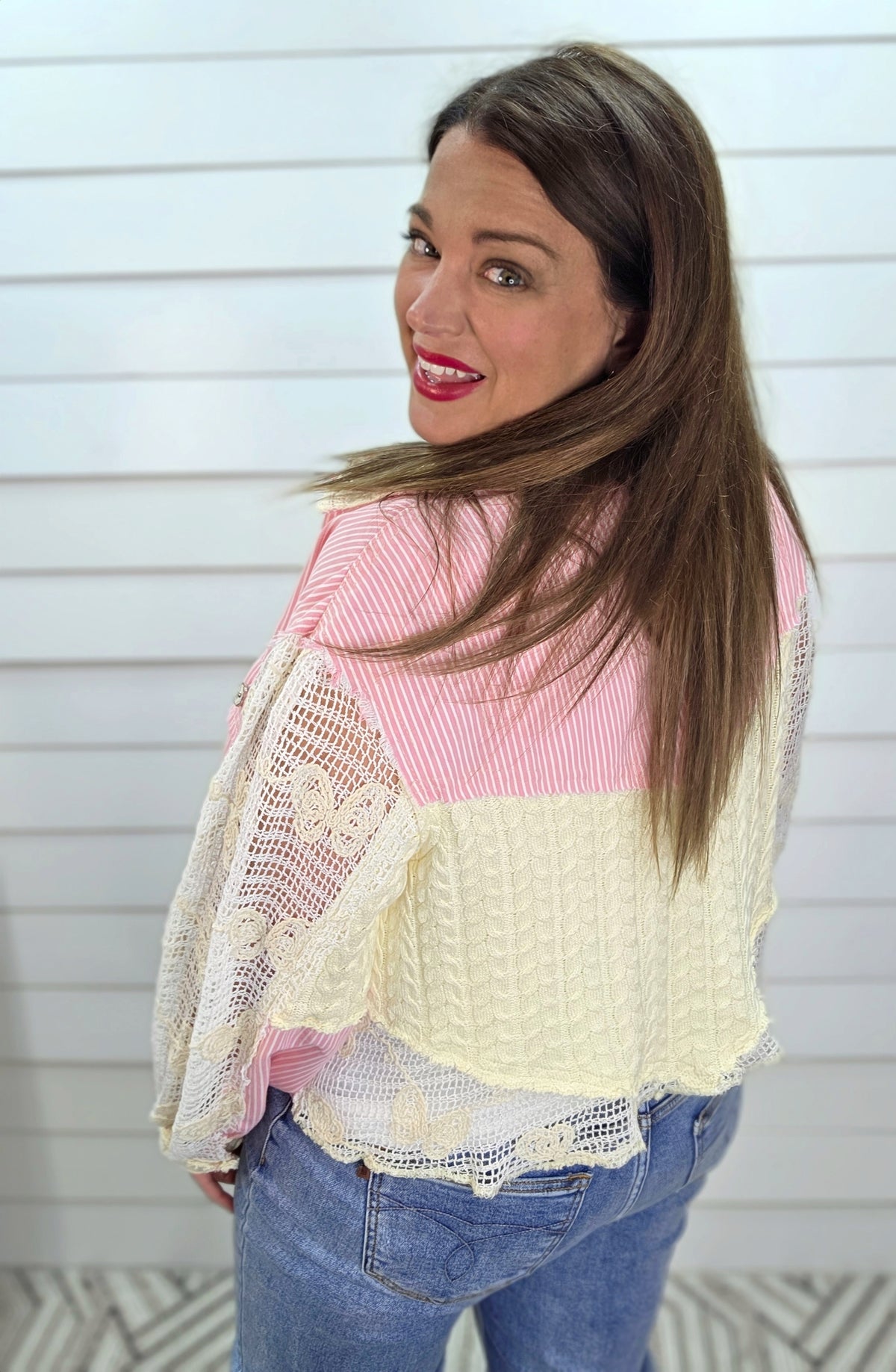 POL PINK PINSTRIPED/LACE BUTTON DOWN JACKET