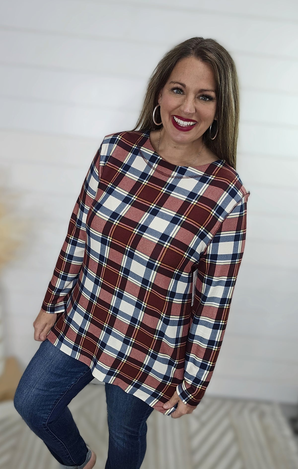 BRICK/NAVY PLAID CHECK KNIT TUNIC