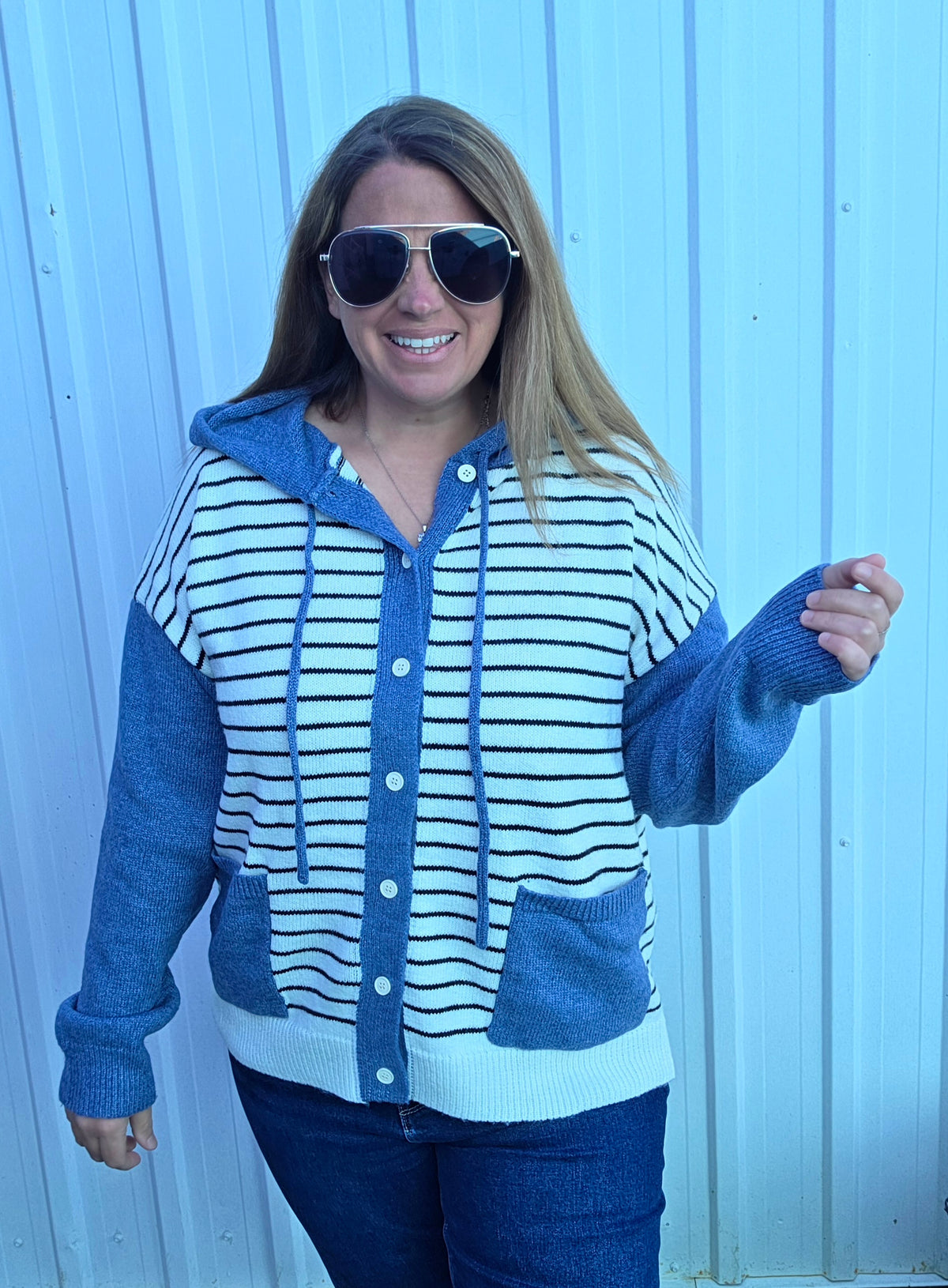 IVORY/DENIM Striped, Hoodie, Button Down Jacket Cardigan Sweater