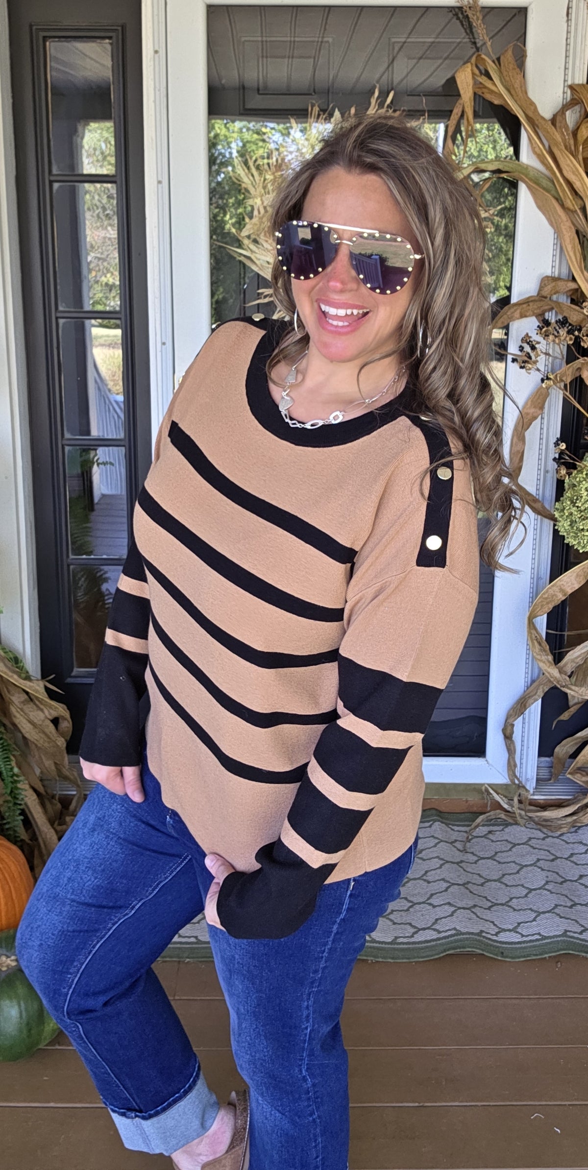 KAREN HART TAN/BLACK STRIPED SWEATER WITH BUTTON ACCENTS
