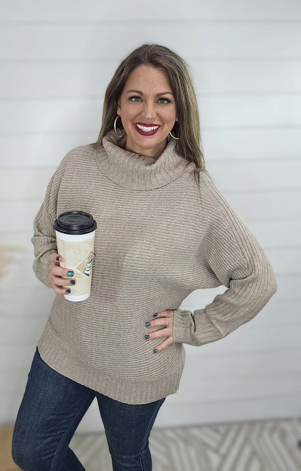 MUSHROOM RIBBED COWL NECK SWEATER