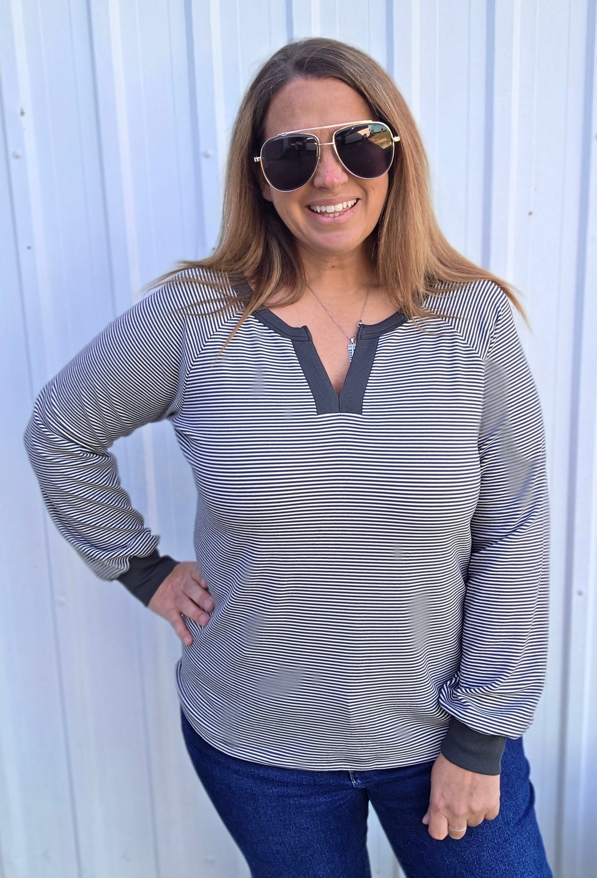 Charcoal Y Split Neck, Long Sleeve, Micro Brushed Stripe Top