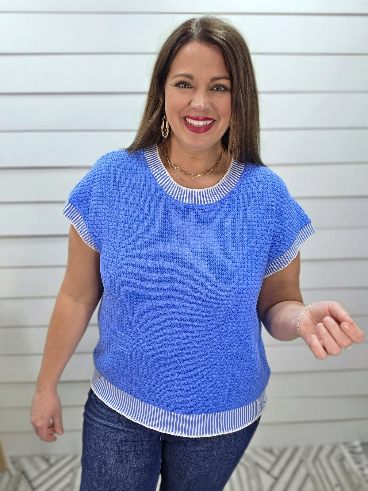 BLUE SHORT SLEEVE SWEATER KNIT TOP