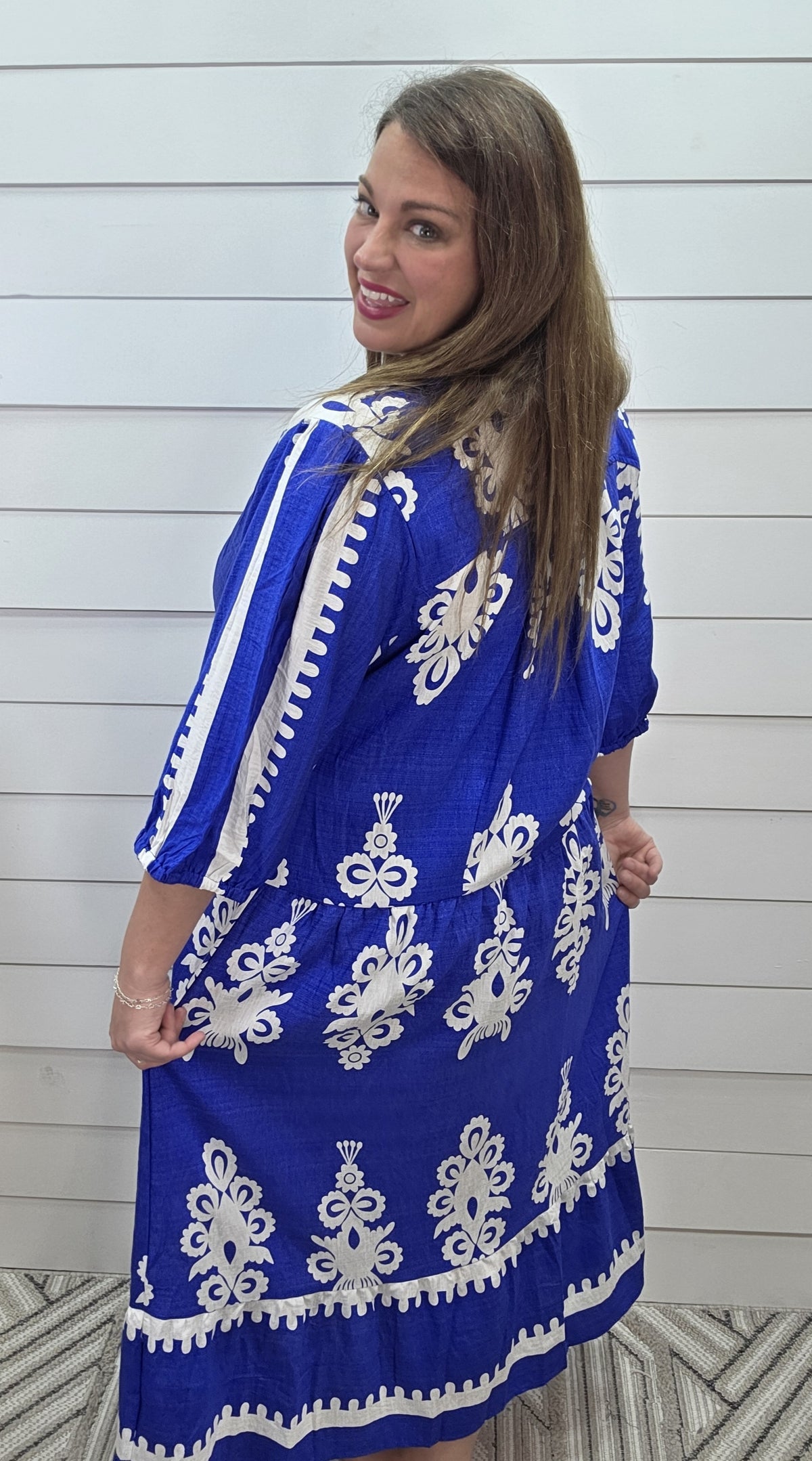 BLUE SCROLL PRINT LONG DRESS
