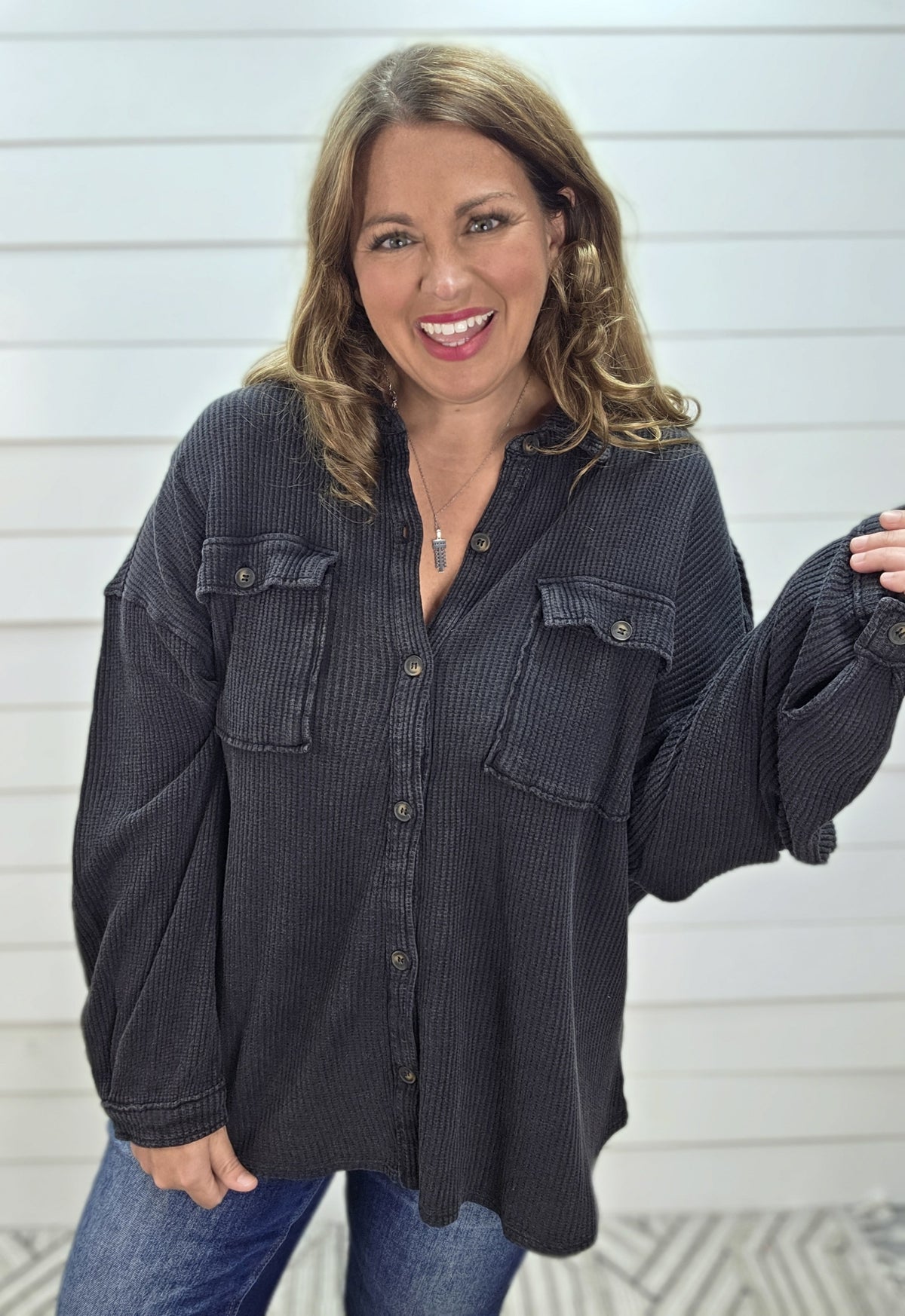 BLACK MINERAL WASH OVERSIZED KNIT WAFFLE TEXTURE BUTTON DOWN TOP