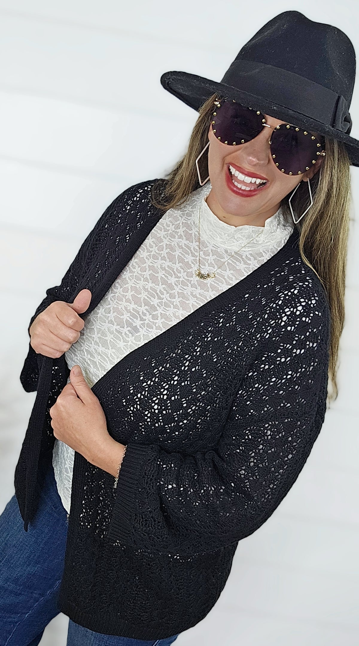 BLACK OPEN KNIT DROP SHOULDER CARDIGAN