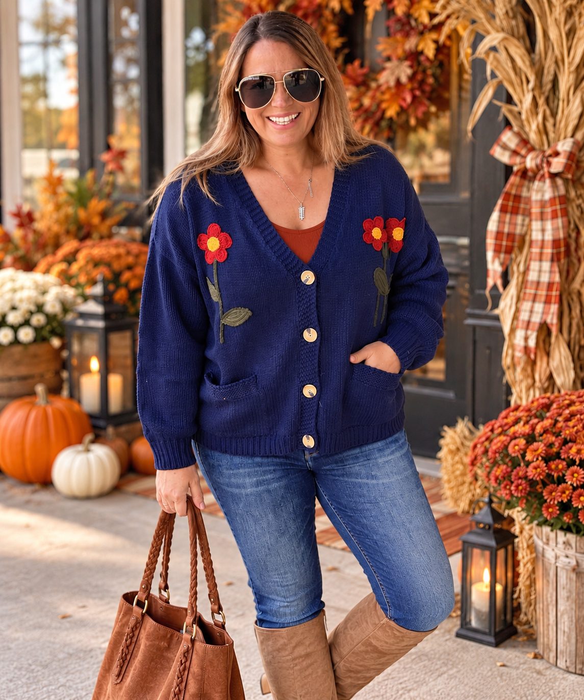 NAVY V Neck Button Down Long Sleeve Oversized Loose Fit Sweater Cardigan With Flower
